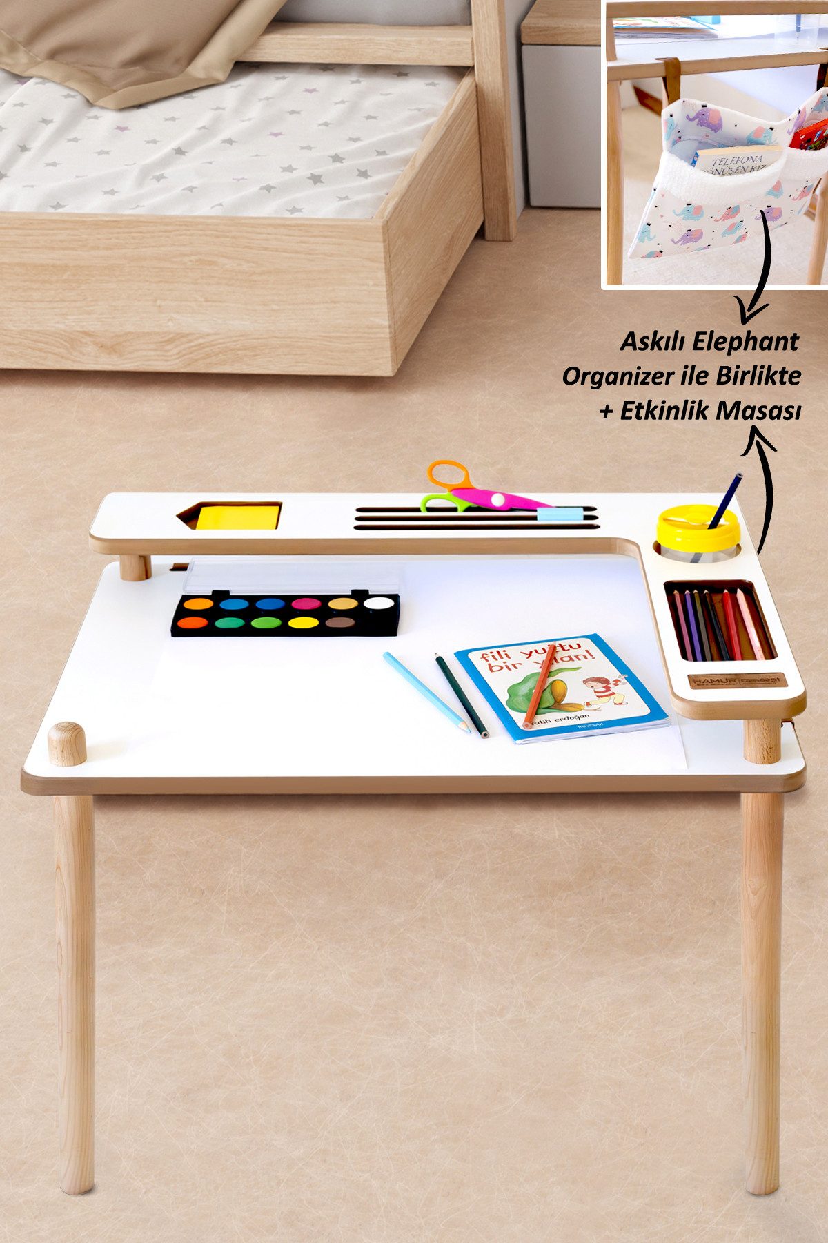 en.casa Esstisch, Kindertisch mit Organizer 63 cm x 48 cm x 52 cm cm Wood White 89860536