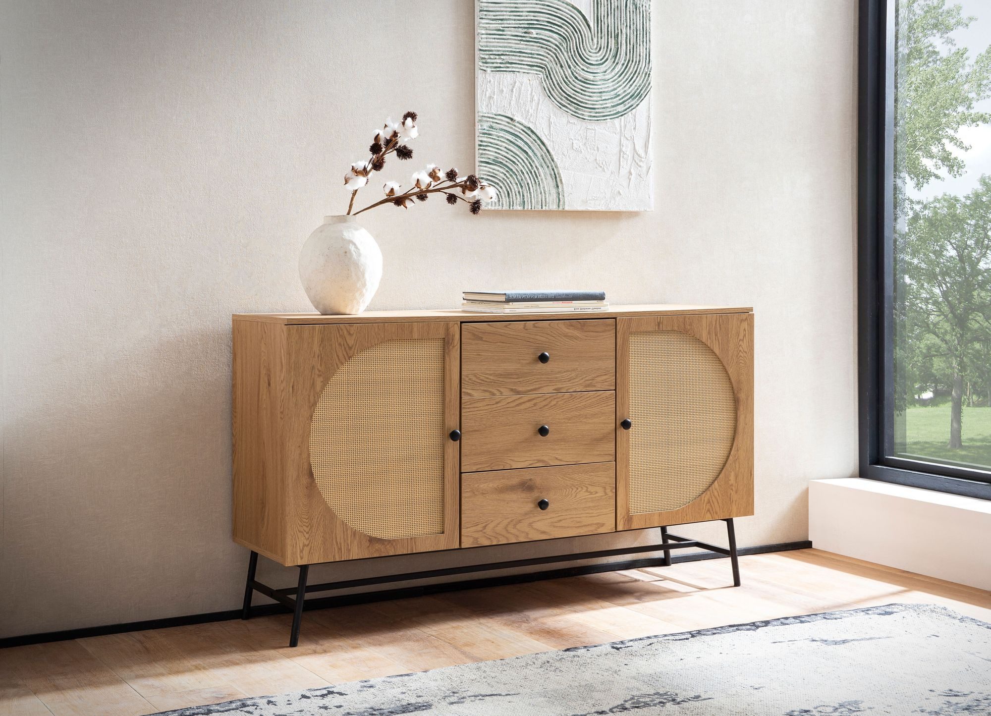 furnicato Sideboard Geflecht 140x80x40 cm Braun (1 St), Anrichte mit Polyrattan-Geflecht und höhenverstellbaren Einlegeböden