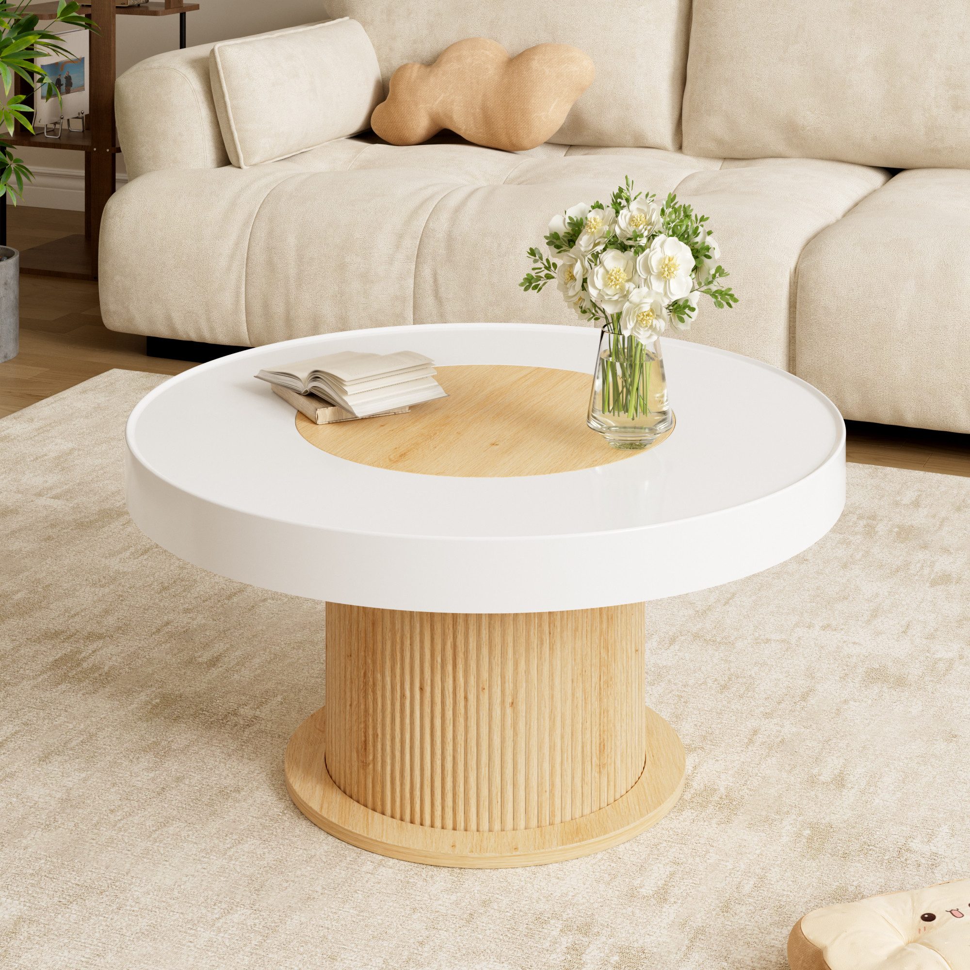 KLAM HOME Couchtisch Runder Couchtisch zweifarbig Weiß-Holzoptik, geriffelter Zylinderfuß (Stabiler Wohnzimmertisch aus MDF & PVC mit rundem Ablageblatt), Kompakter Beistelltisch 75x75x39cm mit kippsicherem Rundsockel