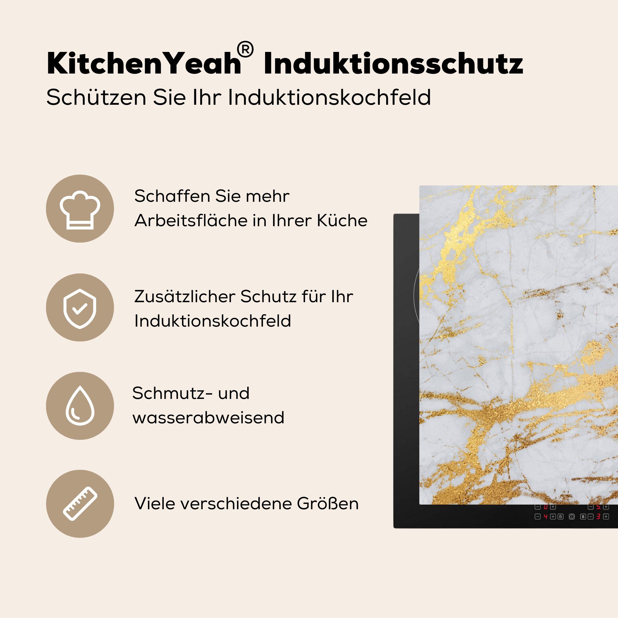 MuchoWow Herdblende-/Abdeckplatte Marmor Grau küche cm, Arbeitsplatte (1 78x78 Ceranfeldabdeckung, - tlg), - für Vinyl, Gold