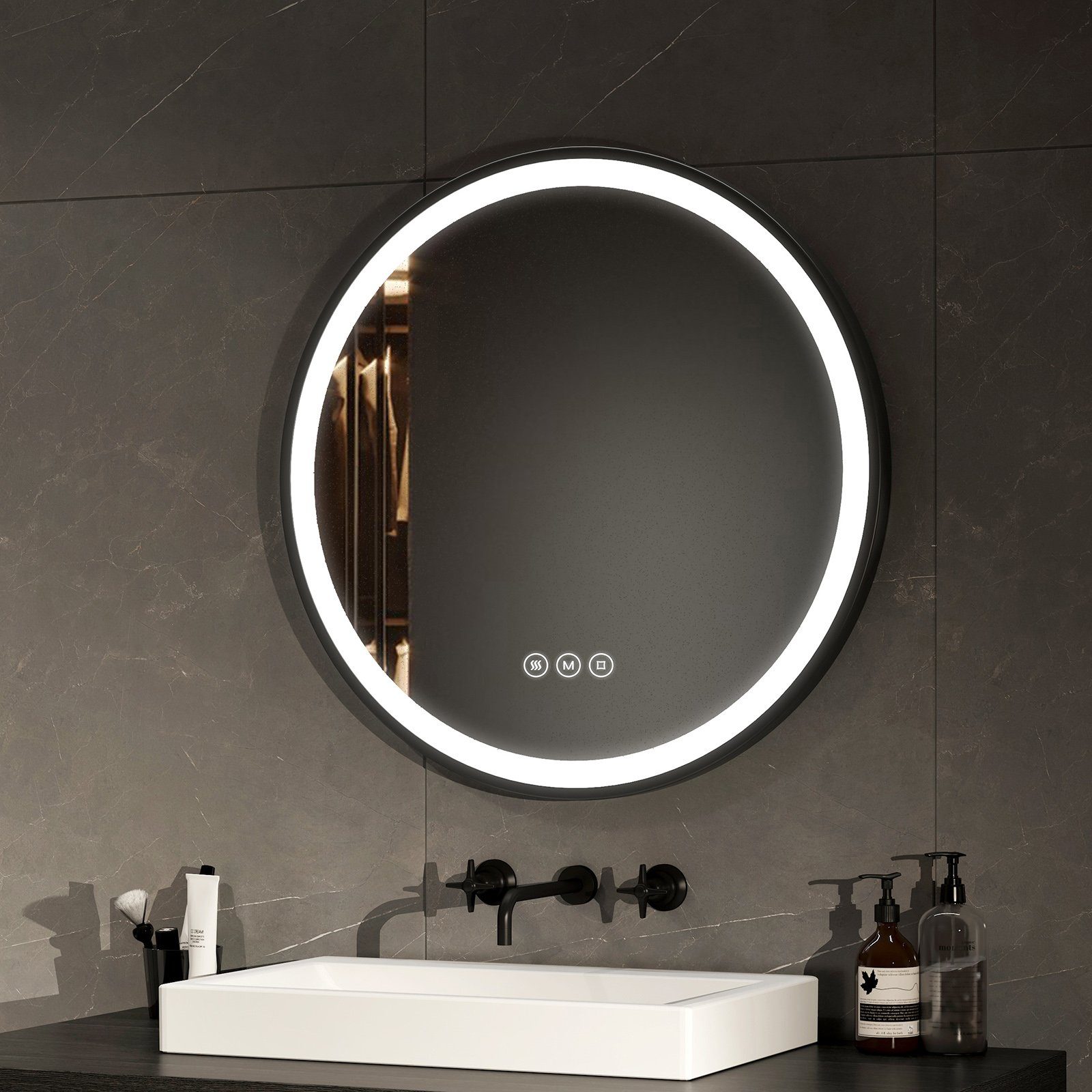 EMKE Badspiegel Antibeschlage Badezimmerspiegel mit schwarzem Rahmen, 3 Lichtfarben Dimmbar, Memory-Funktion Φ 50-80 cm