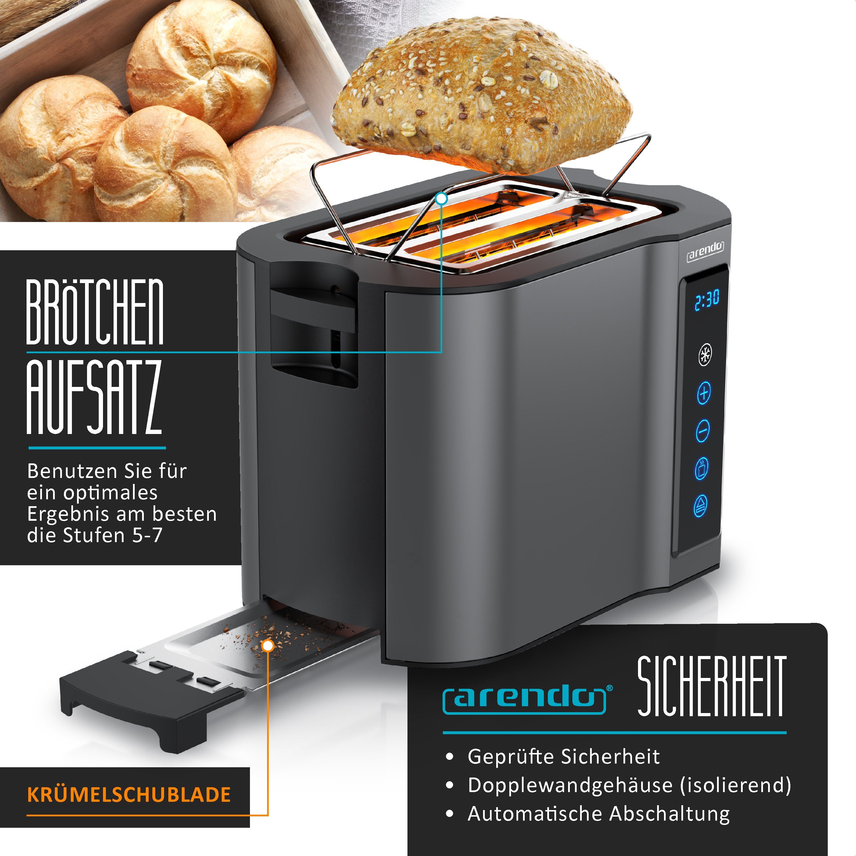 Arendo Toaster Wärmeisoliertes Doppelwandgehäuse, 2-Scheiben, Display Restzeitanzeige, 2 kurze Schlitze, für 2 Scheiben, 800 W, Edelstahl, Kurzschlitz, Brötchen – Bild 4 von 5