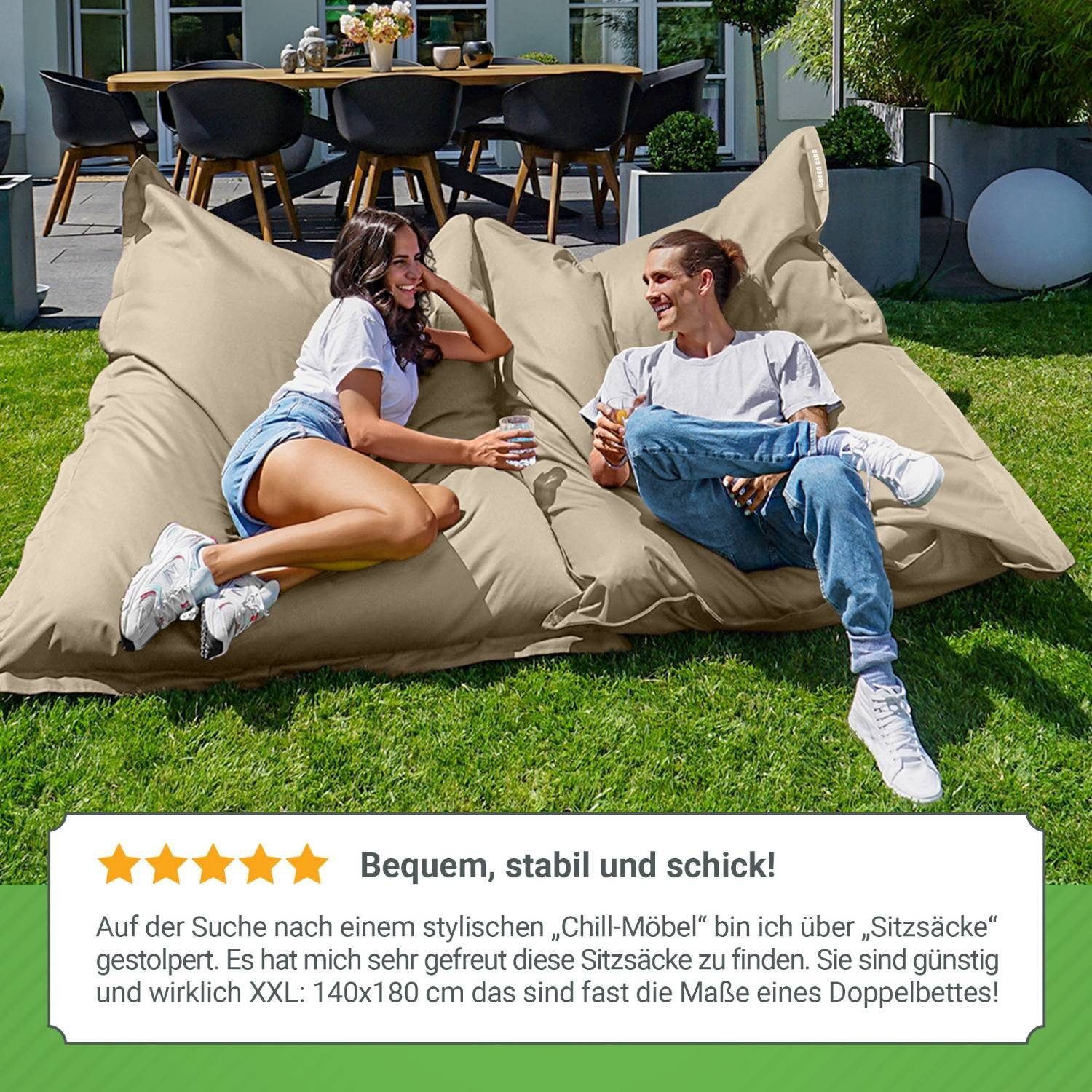 Perlen Beige Füllung, Kinder 380 Liegekissen), Bean (XXL Bean Draußen Outdoor Sitzkissen Bag Riesensitzsack & Liter Lounge EPS 140x180cm Green Square Wetterfest Waschbar Groß Erwachsene Bodenkissen Sitzsack