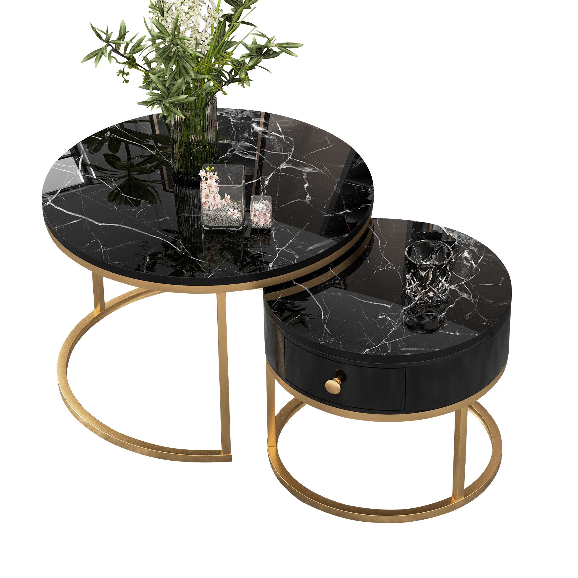 Merax Couchtisch Satztisch rund Beistelltisch mit Schublade (2-St), hochgla günstig online kaufen