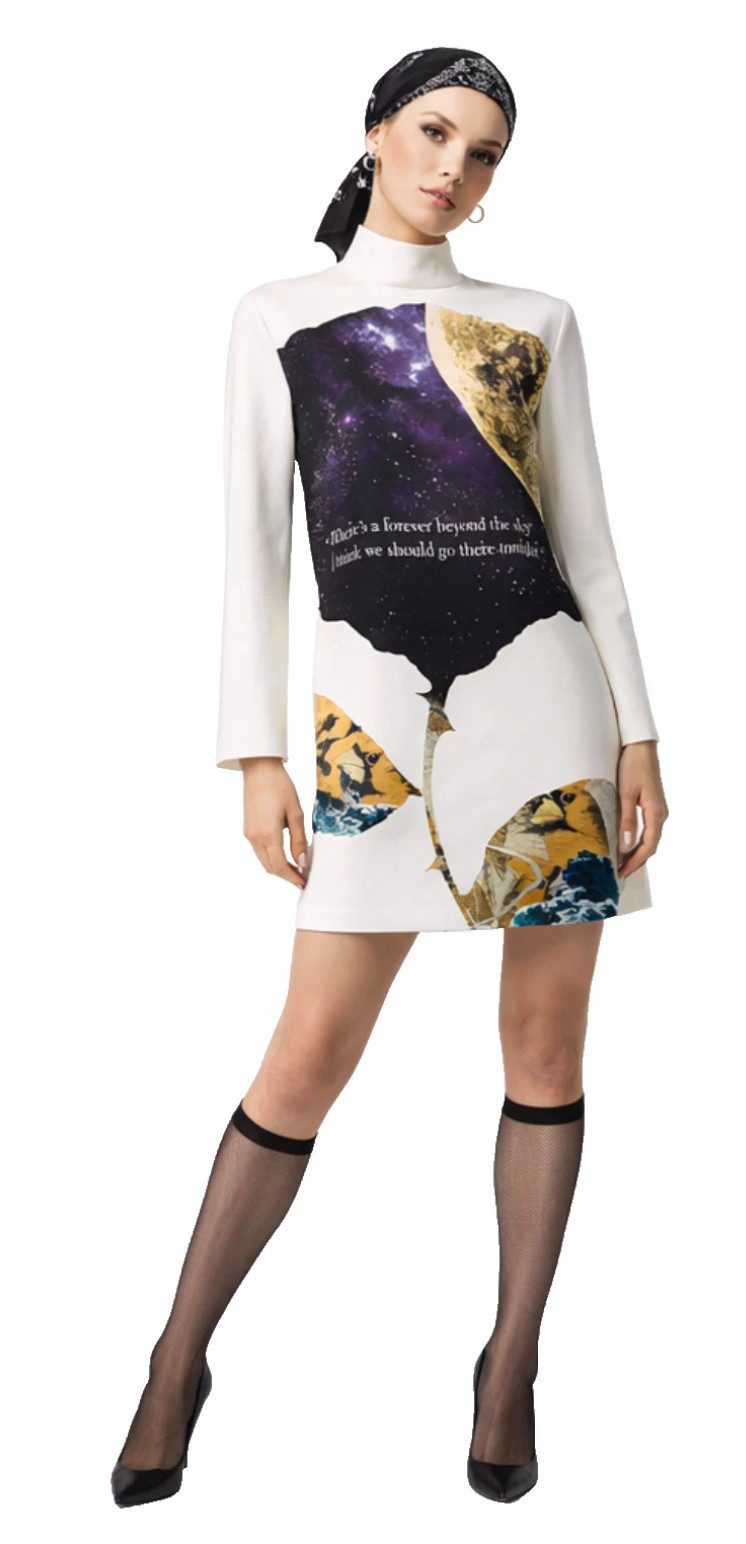 VALENTINO GARAVANI Midikleid Rollkragen Kleid Minikleid A-Linie Schurwolle Seide Ausdrucksstarker poetischem Print Beyond the Sky