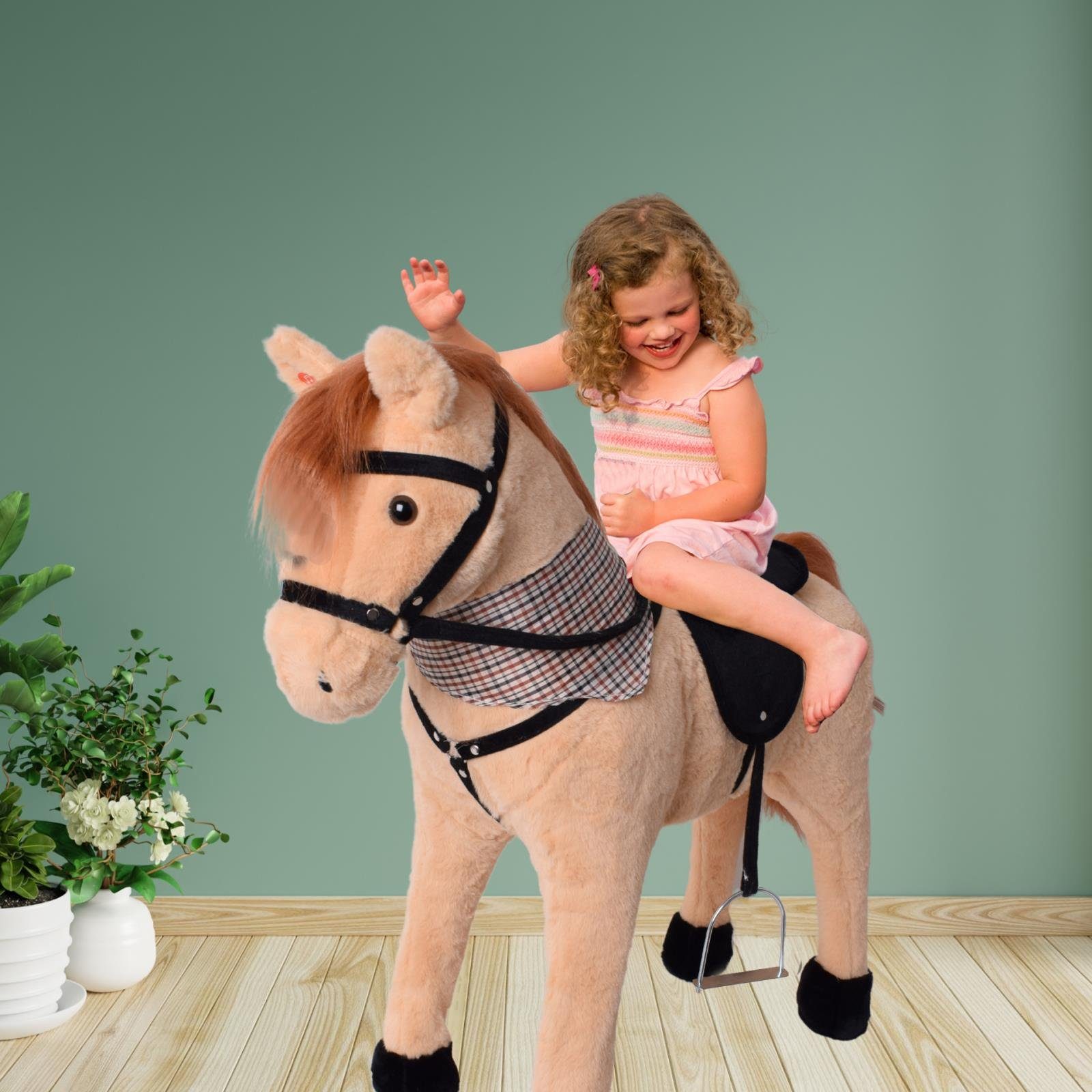 TE-Trend Reitpferd 70 cm Spielzeug Schaukelpferd Pferd zum Draufsitzen beige, mit Soundmodul