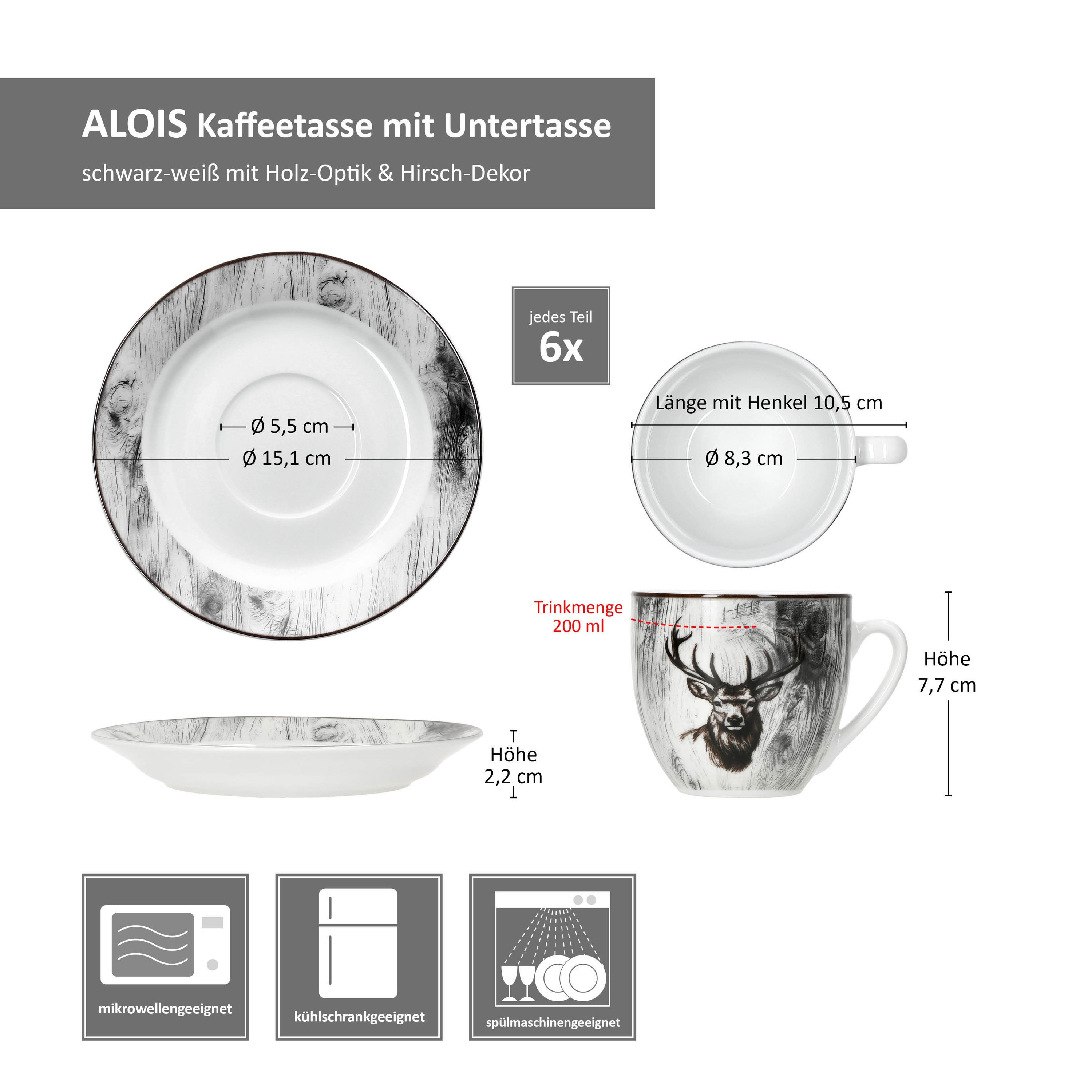 MamboCat Tasse 6er Set Alois Kaffeetassen mit Untertassen 6 Personen Porzellan Hirsch, Porzellan