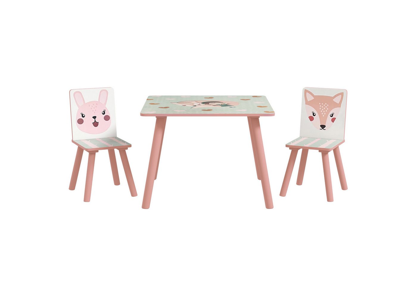 ZONEKIZ Kindersitzgruppe Kindertisch mit Tiermotiv, Kindermöbel für Kinderzimmer, (Kindermöbel, 3-tlg., Tische mit Stühlen für Kinder), mit Tiermustern, Rosa