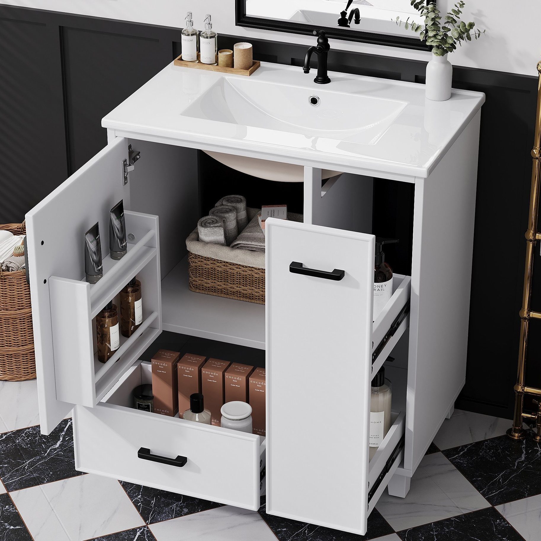 MODFU Waschbeckenunterschrank Badezimmerschrank mit integriertem Waschbecken aus Keramik (cleverer Schubladenaufteilung und Innenablage für mehr Ordnung im Bad, Badmöbel, Badschrank) Badschrank