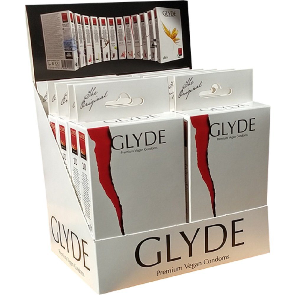 Glyde Kondome Glyde Ultra, 10x10 vegane Kondome Spar-Set, Sorte: Slimfit Red, Zertifiziert mit der Veganblume, Gefühlsecht & Reißfest, rot gefärbt und ohne Aroma, Größe XS