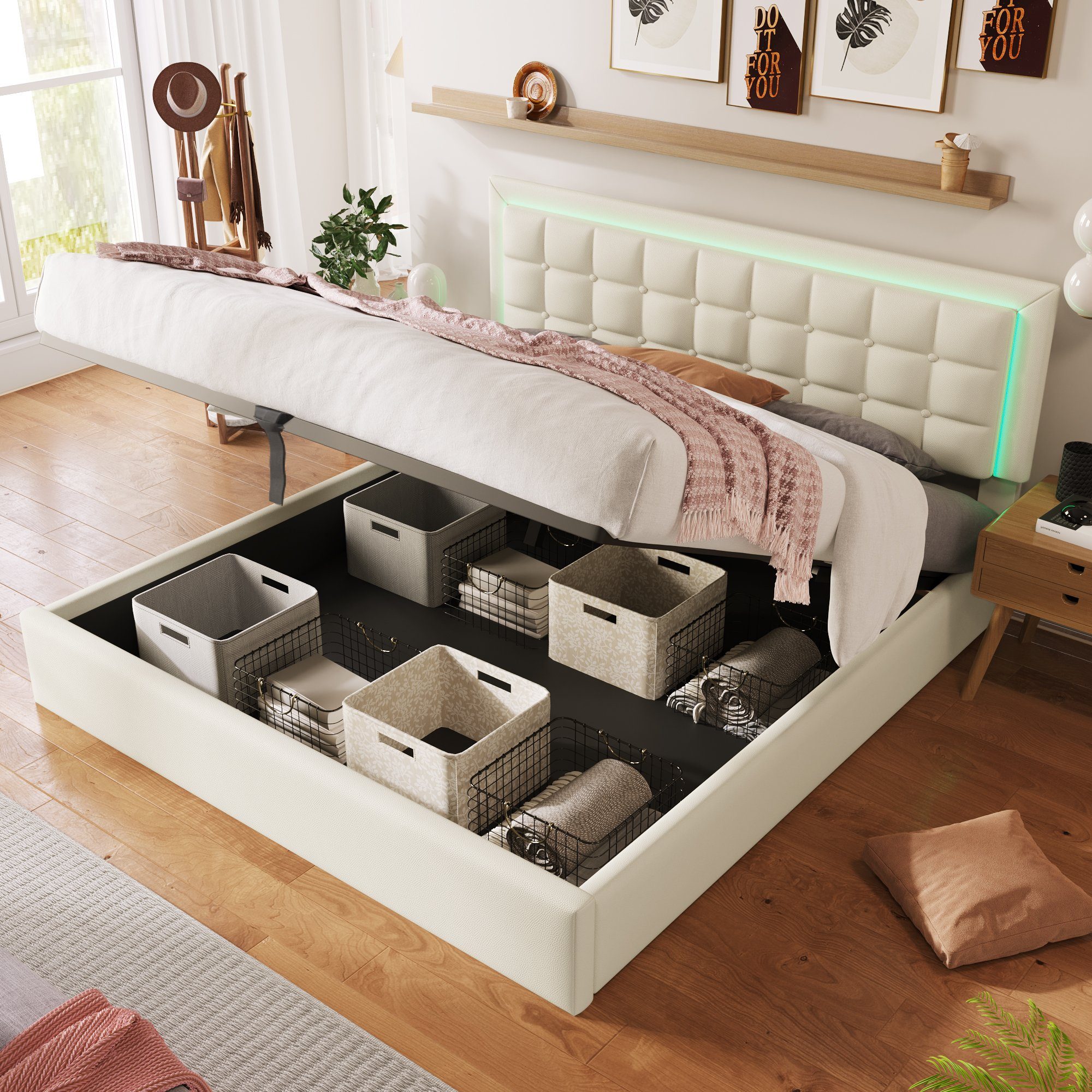 Flieks Stauraumbett (1-tlg), LED-Beleuchtung Kunstleder Doppelbett günstig online kaufen