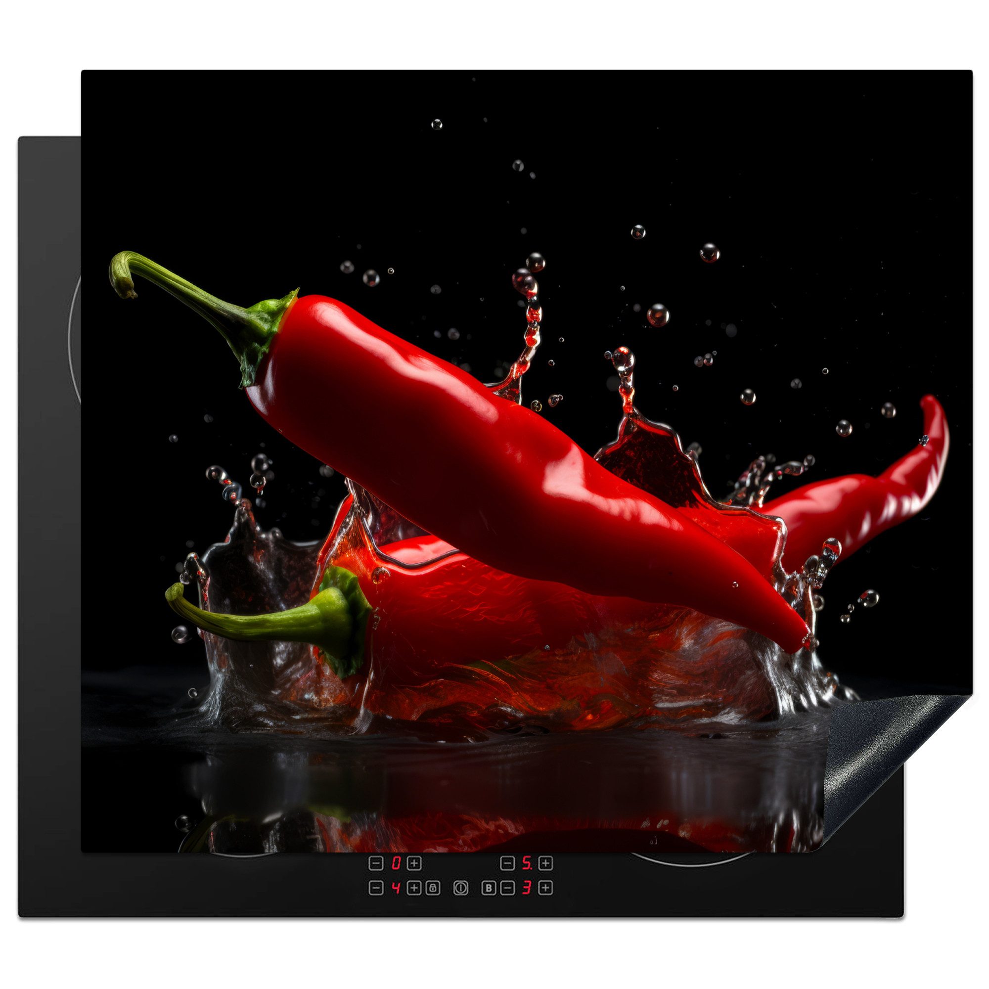 MuchoWow Herd-Abdeckplatte Paprika - Rot - Schwarz - Wasser - Gemüse, Vinyl, (1 tlg), Cerankochfeld Abdeckung, Herd Abdeckplatten Vinyl, 58.3x51.3 cm