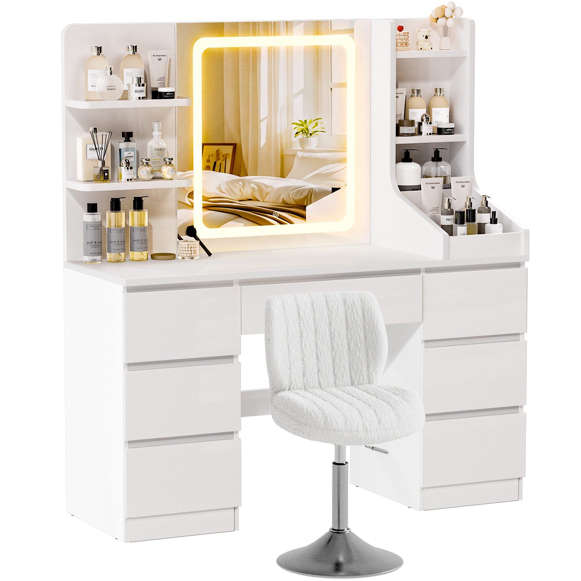 HOMALL Schminktisch LED-Spiegel, 7 Schubladen, 110 cm breit, Aufbewahrungshocker optional (Schminktisch mit dimmbarem LED-Spiegel (3 Farben), 7 Schubladen + 8 Fächer, 110×40×139 cm – 5 Farben (Schwarz/Rosa/Vintage/Weiß/Weiß Hochglanz), Hocker opt., E1-Pla