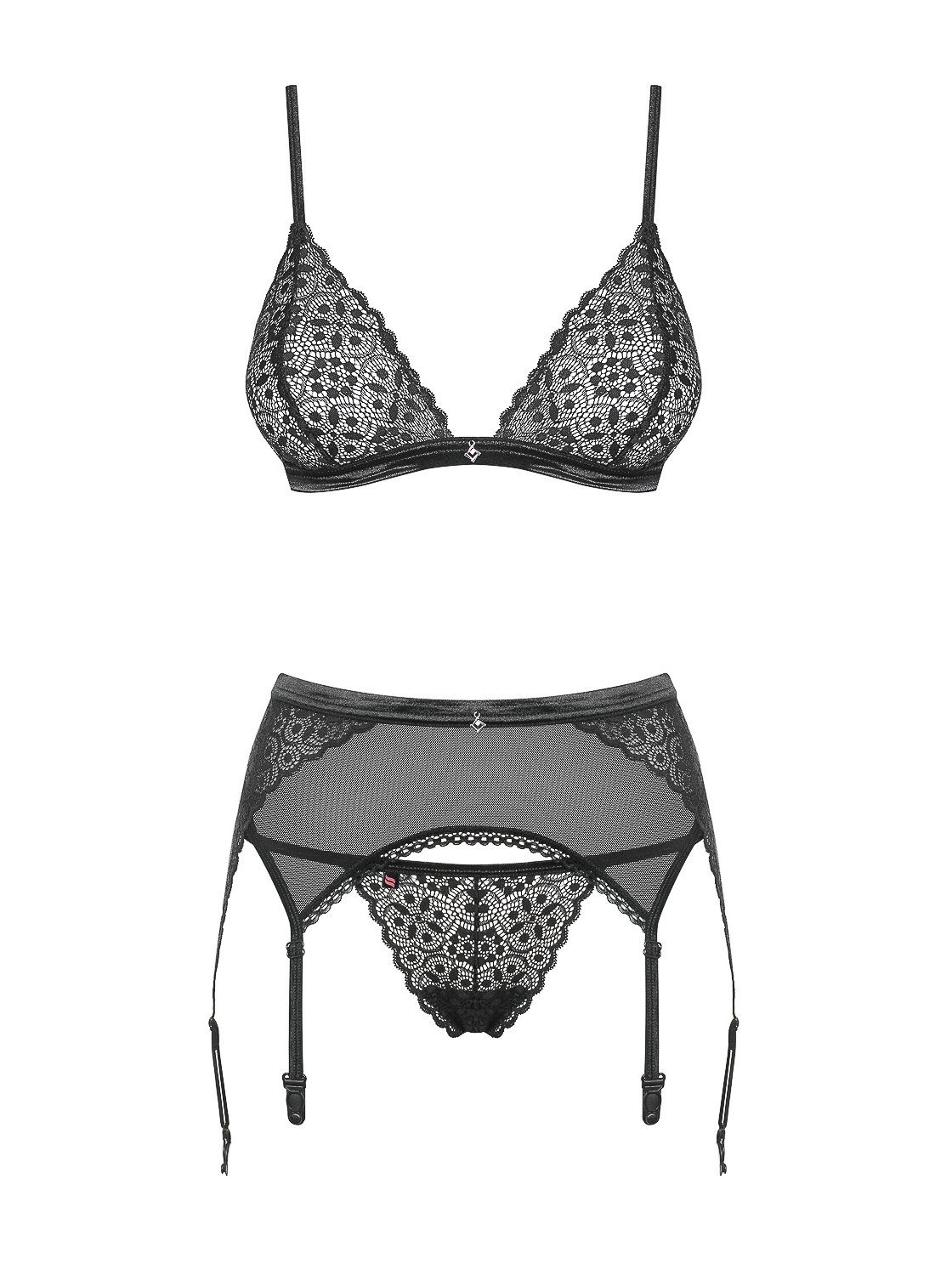 Obsessive Set: Bügel-BH Dessous-Set Shibu schwarz + Strapse BH Strumpfgürtel String (Set)