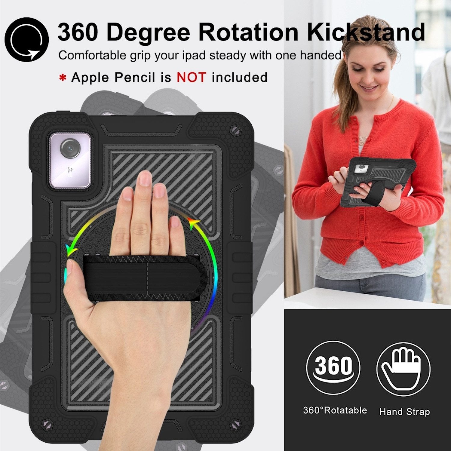 Wigento Tablet-Hülle Für Lenovo Tab M11 Hybrid 360 Grad Halte-Schlaufe Tasche Hülle Schwarz, Hybrid Schutzhülle Smart Case Cover mit Halteschlaufe