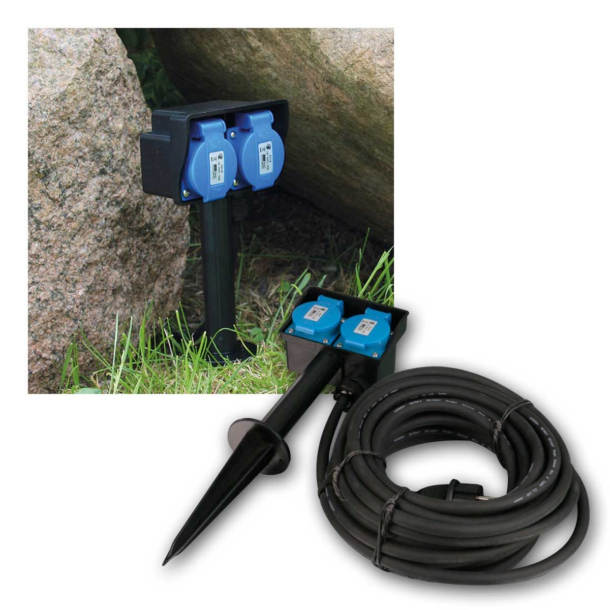 ChiliTec Gartensteckdose Gartensteckdose IP44 mi Erdspieß, 2-fach 10m Kabel