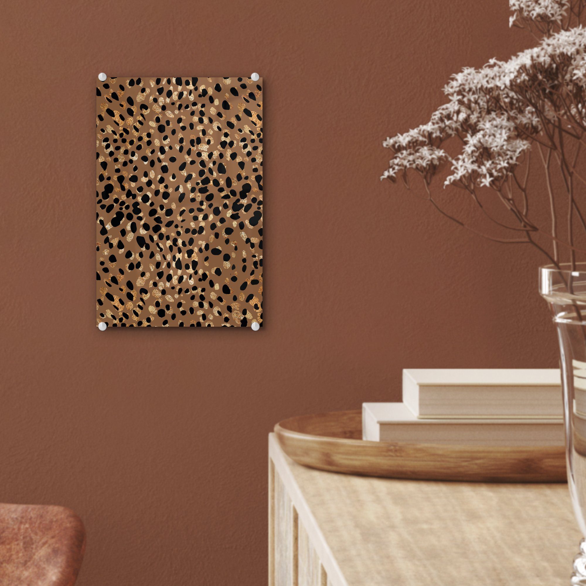- Glas Bilder auf Glas (1 Wanddekoration Gold, St), - - auf Foto Leopard - Tiermuster Acrylglasbild Braun - Wandbild MuchoWow Glasbilder -