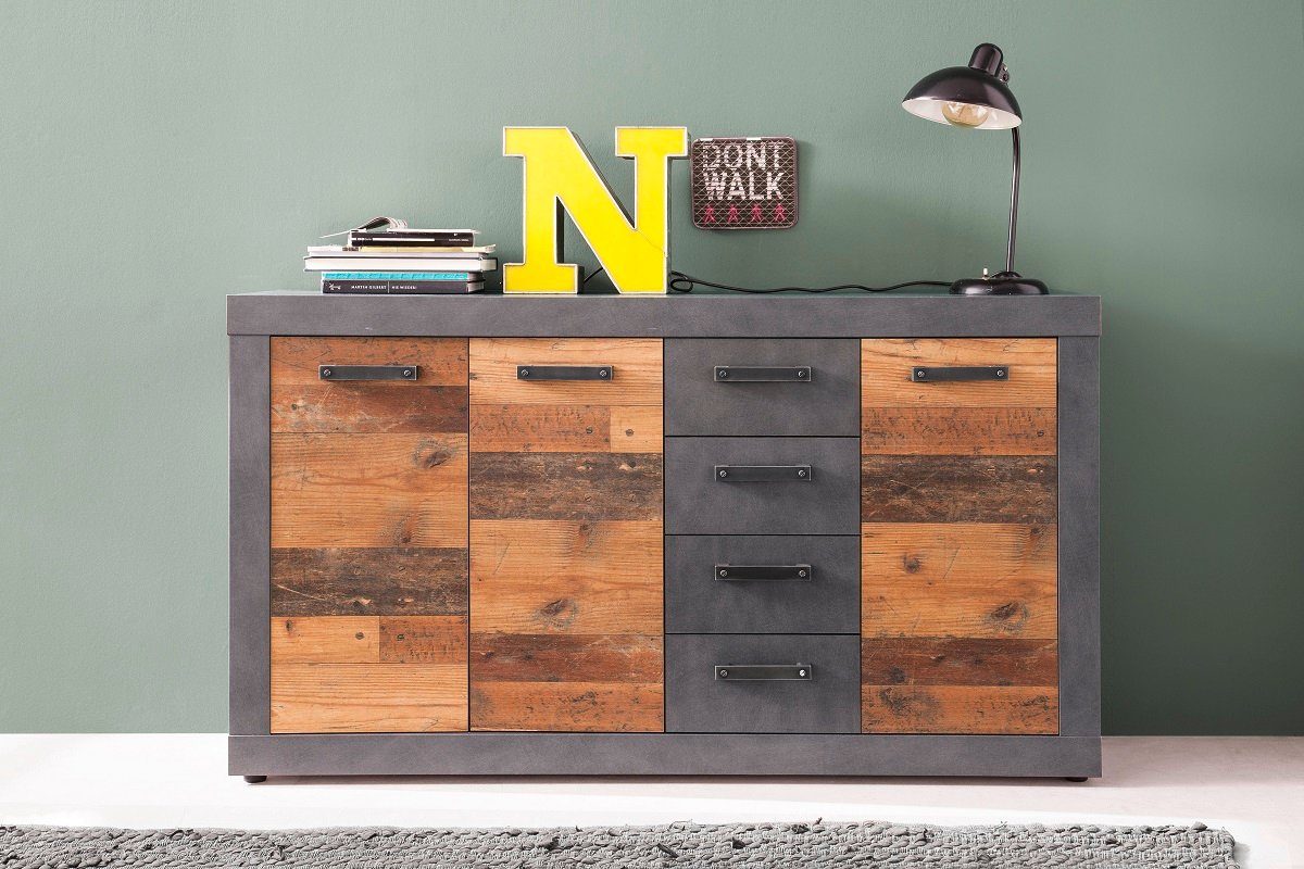 trendteam Sideboard Sideboard Kommode Indy, Old Used Wood / Matera grau, 151x86 cm