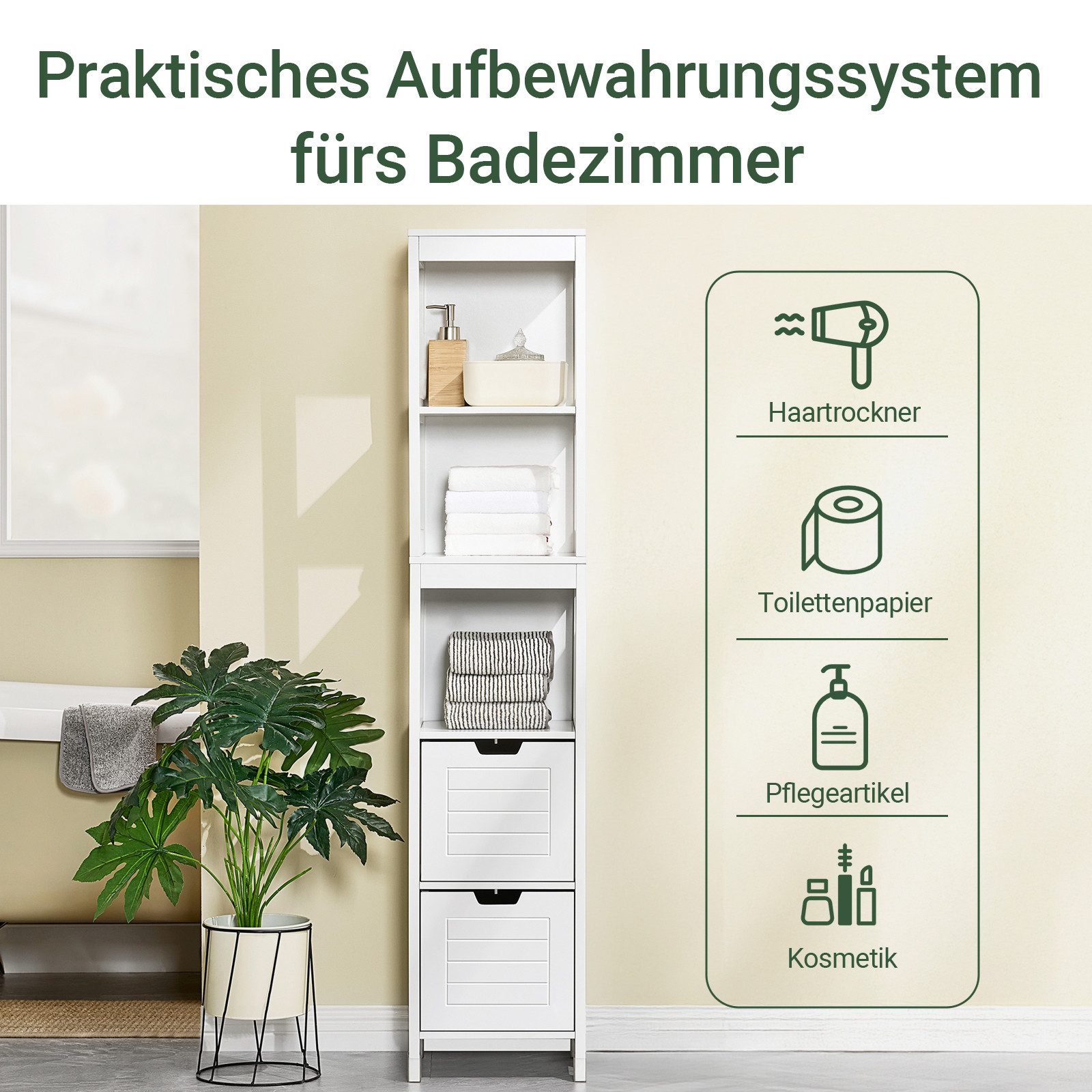 SoBuy Hochschrank FRG126, Badkommode, Schrank freistehend, Badschrank schmal schmale Säule, Badezimmerschrank mit 2 Schubladen, 3 offenen Fächern