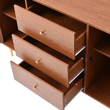 OKWISH Kommode Beistellschrank Sideboard Anrichte Schrank Rattan (Schubladenkommode mit 2 Türen und 3 Schubladen aus Massivholz Holz), Füße aus Metall