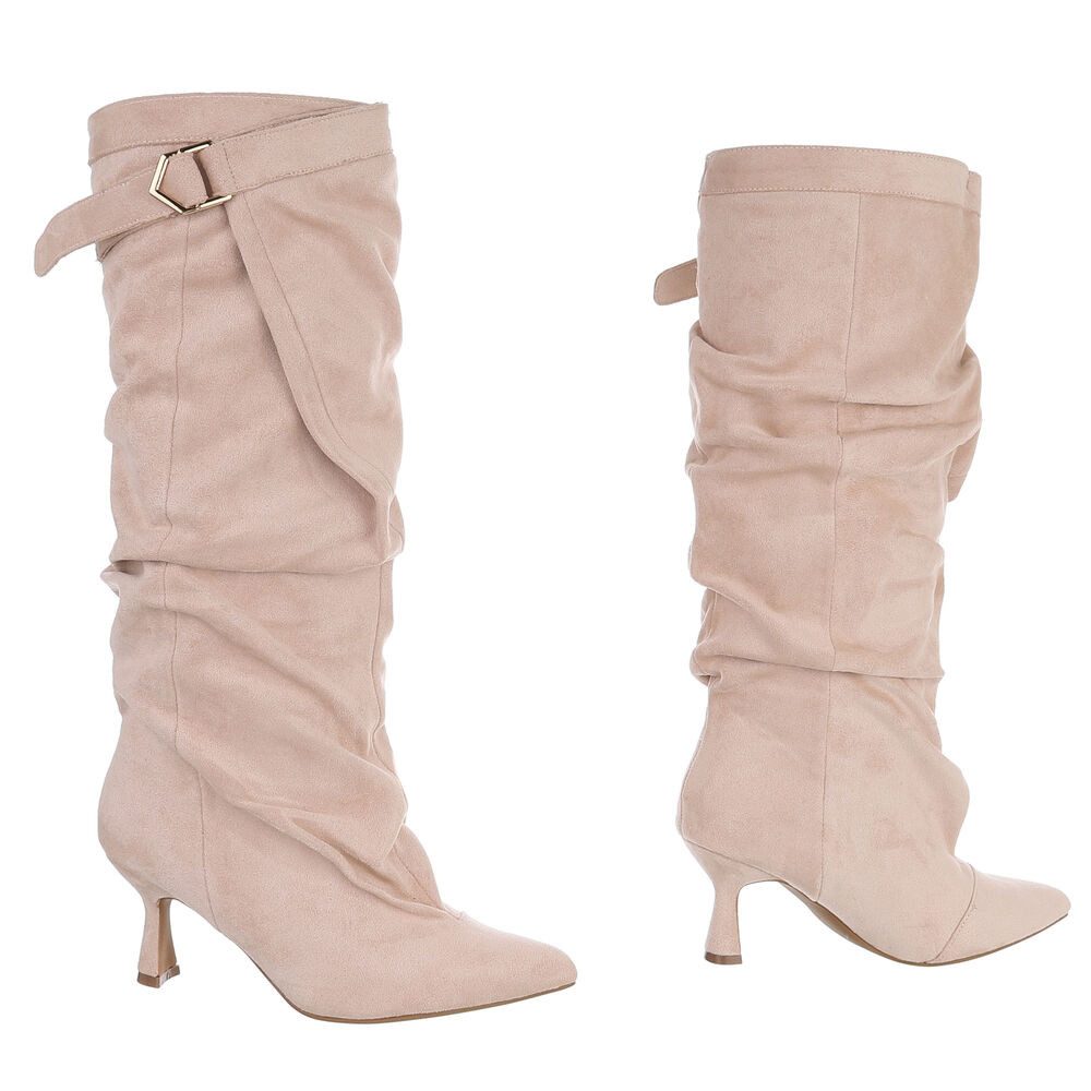 Ital-Design Damen Kniehohe Stiefel mit Absatz und Wickeloptik Stiefel (92214365) Pfennig-/Stilettoabsatz Stiefel in Beige – Bild 4 von 5
