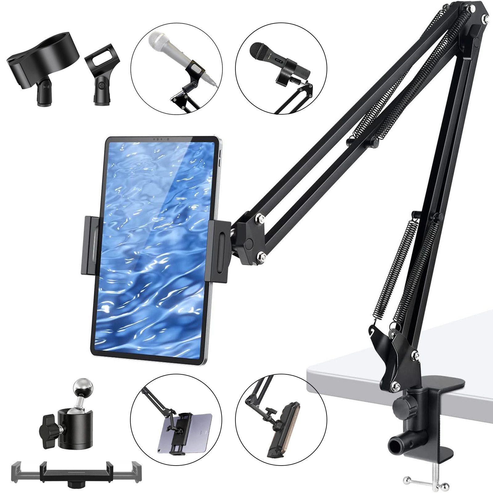 AIMAX Tablet-Halterung Handyhalterung mit Gelenkarm & Tischklemme für Smartphone & Table, (1 Doppelzug Halter (12-25cm), 2 Mikrofonclips (3-6cm + U-Klemme)