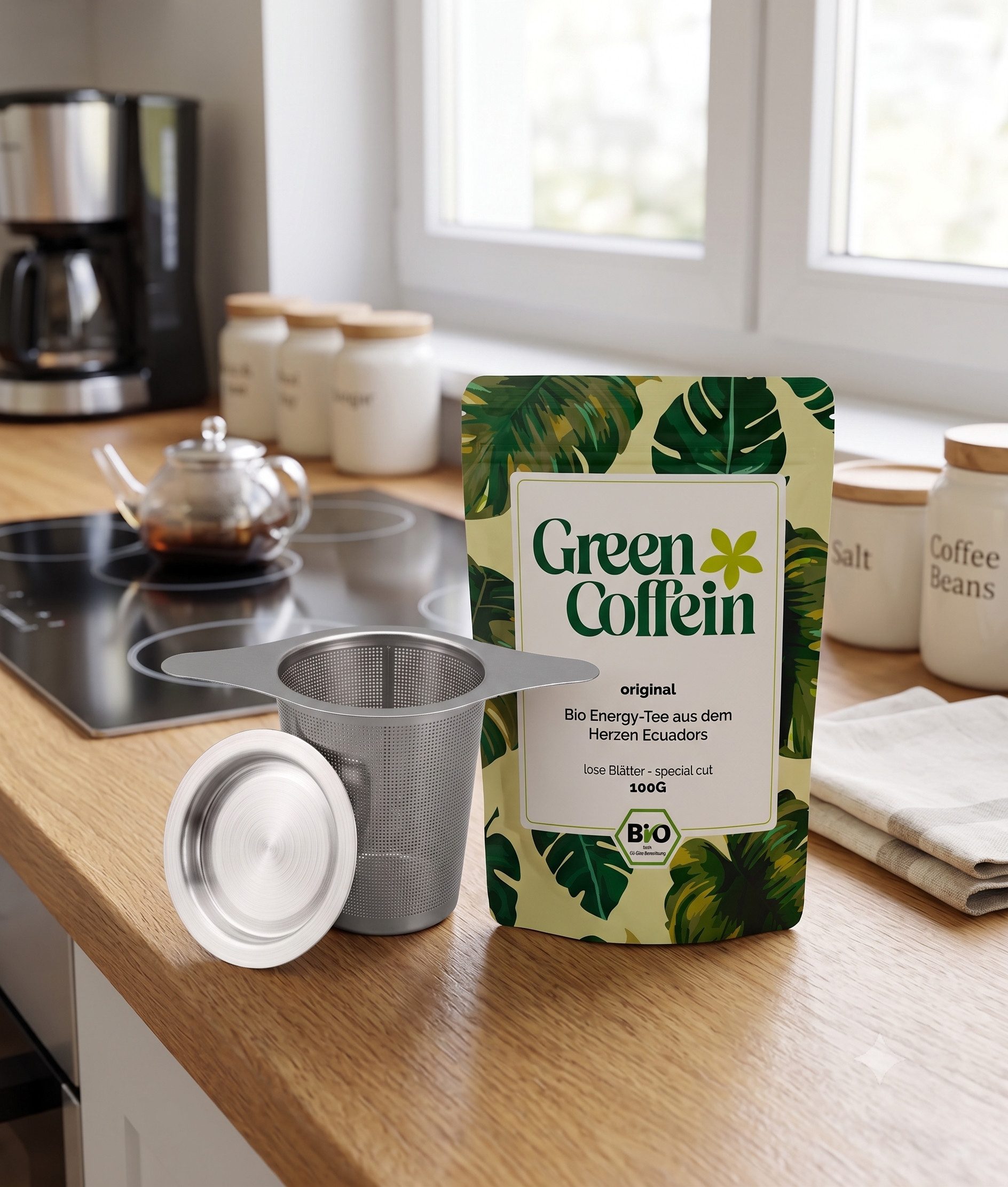 Green Coffein Teesieb Edelstahl-Teesieb mit Deckel, Teefilter für Tassen & Kannen, (Teebereiter-Zubehör / Teesieb-Set, 2-teiliges Set bestehend aus Teefilter un – Bild 4 von 5
