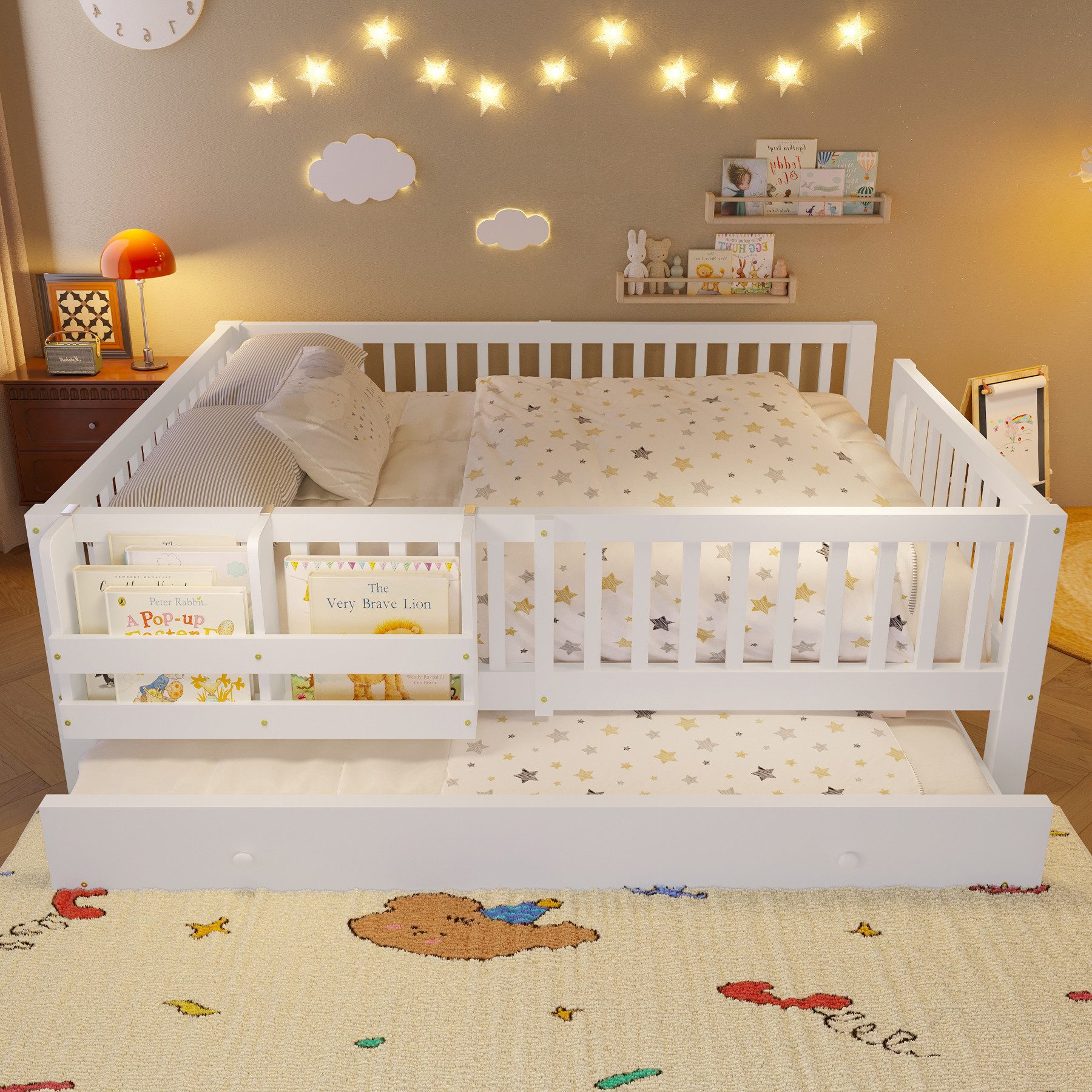 Flieks Massivholzbett, Kinderbett 140x200cm mit Ausziehbett 90x190cm, Ablagefächer, Geländer