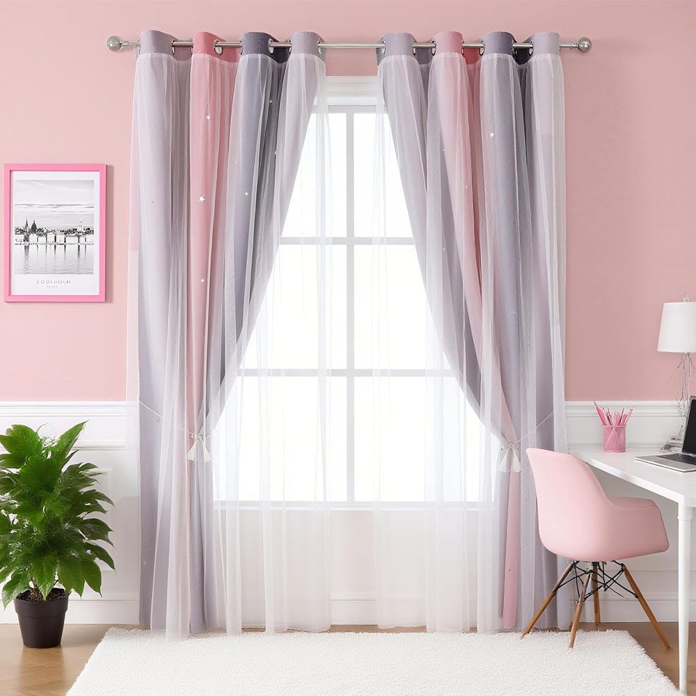TUWENA Verdunkelungsvorhang Verdunkelungsvorhänge, Glänzend Sterne Vorhänge Farbverlauf 2er Set, Sterne Pattern Mix Weiß Voile Vorhänge mit Ösen Schlafzimmer Gardinen