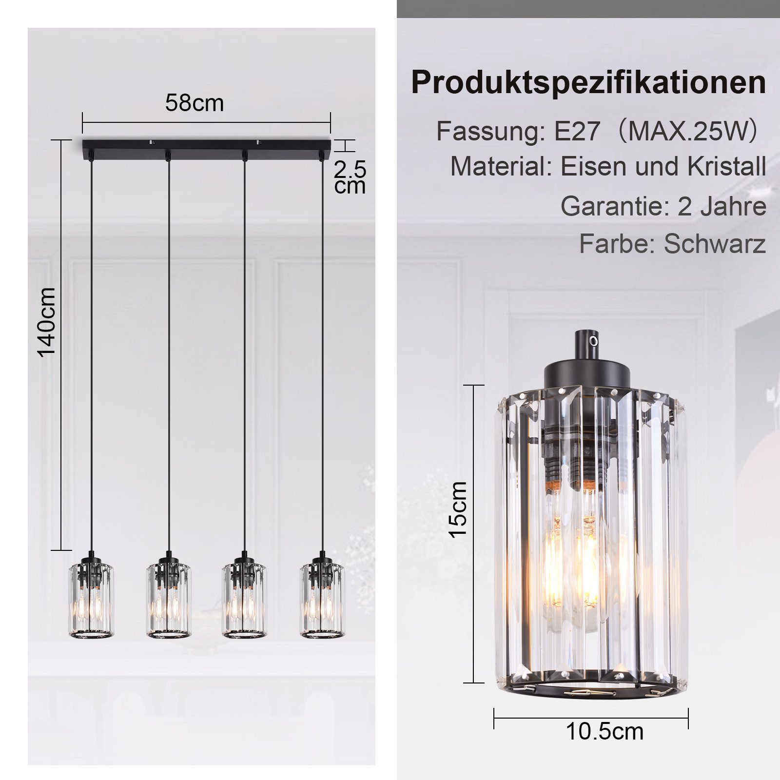 Nettlife Pendelleuchte Kristall Esstisch Schwarz Modern 1/3/4 Flammig E27 Hängeleuchte, LED wechselbar, Esszimmerlampe für Wohnzimmer Schlafzimmer Küche