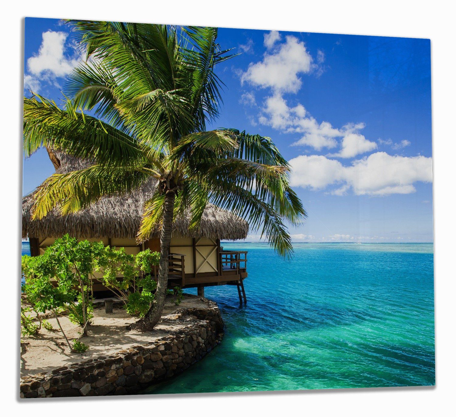 Wallario Herd-Abdeckplatte Karibisches Meer  Einsame Hütte unter Palmen, ESG-Sicherheitsglas, (Glasplatte, 1 tlg., inkl. 5mm Noppen), verschiedene Größen