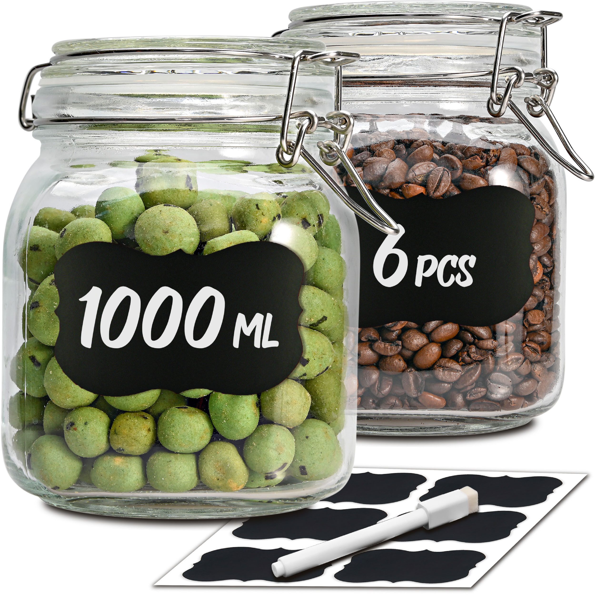 Praknu Vorratsglas 6 Einmachgläser mit Bügelverschluss 1l - Mit Etiketten, Stift und, Glas, (Set, 6-tlg., 6 Einmachgläser 1000 ml, Bügelverschluss, Etiketten, Stift, Dichtungen), Luftdichte Deckel mit Dichtung, Vorratsbehälter für Lebensmittel