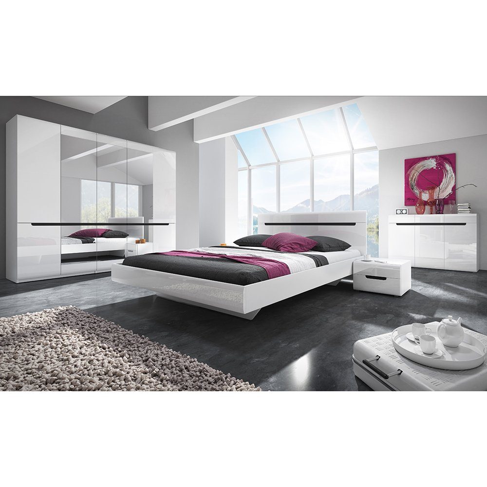 Schlafzimmer-Set Lomadox mit mit 160cm weiß 5-St), und schwarz (Spar-Set, weiß Bett in Hochglanz HERNING-83,