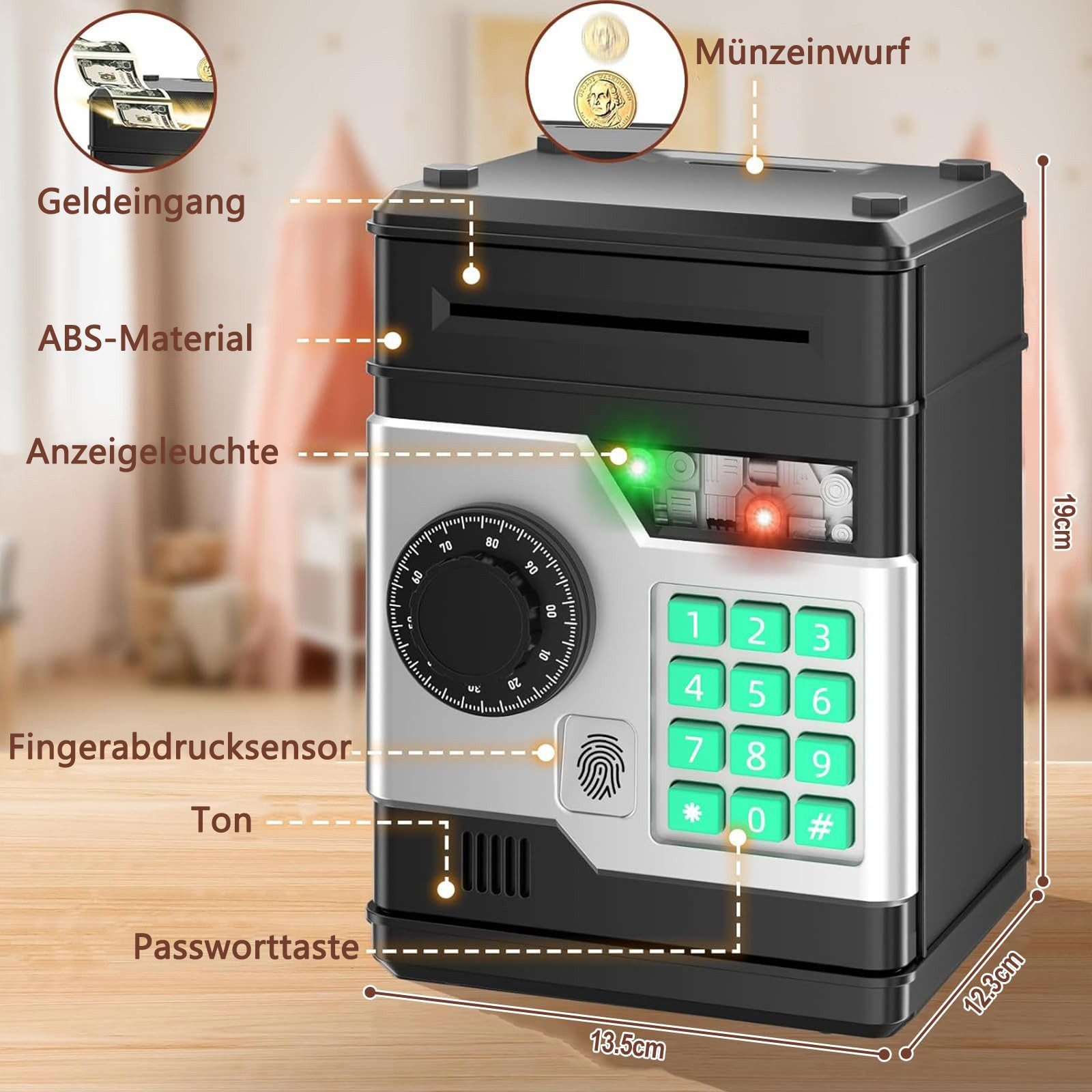 Minicloss Spardose Elektronisches Sparschwein, Geldtresor, Mini-Safe, Geldautomat, Fingerabdruck-Entsperrung Passwort Spardose Kinder
