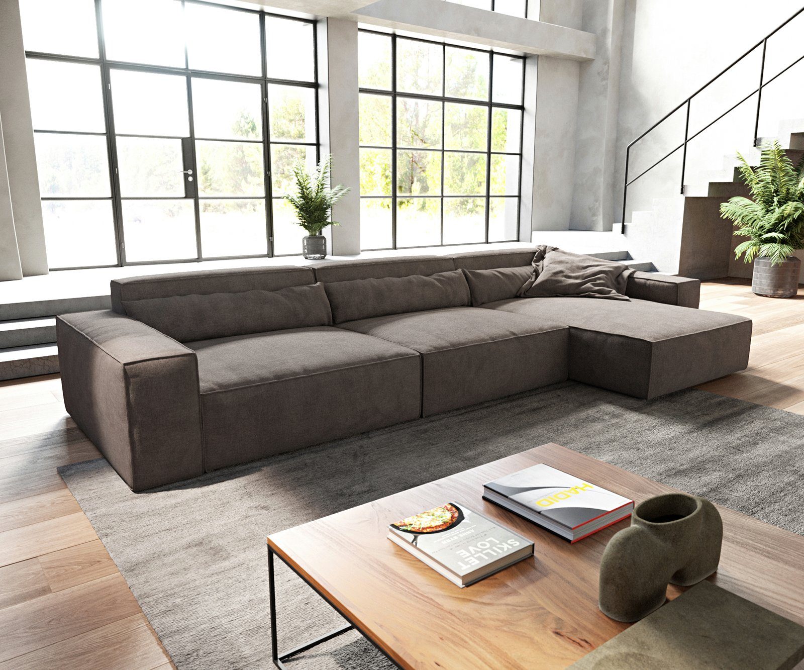 DELIFE Ecksofa Sirpio, XL Mikrofaser, Khakibraun, Gr. 370 cm x 71 cm x 173 cm, Bezug Mikrofaserstoff, ohne Hocker