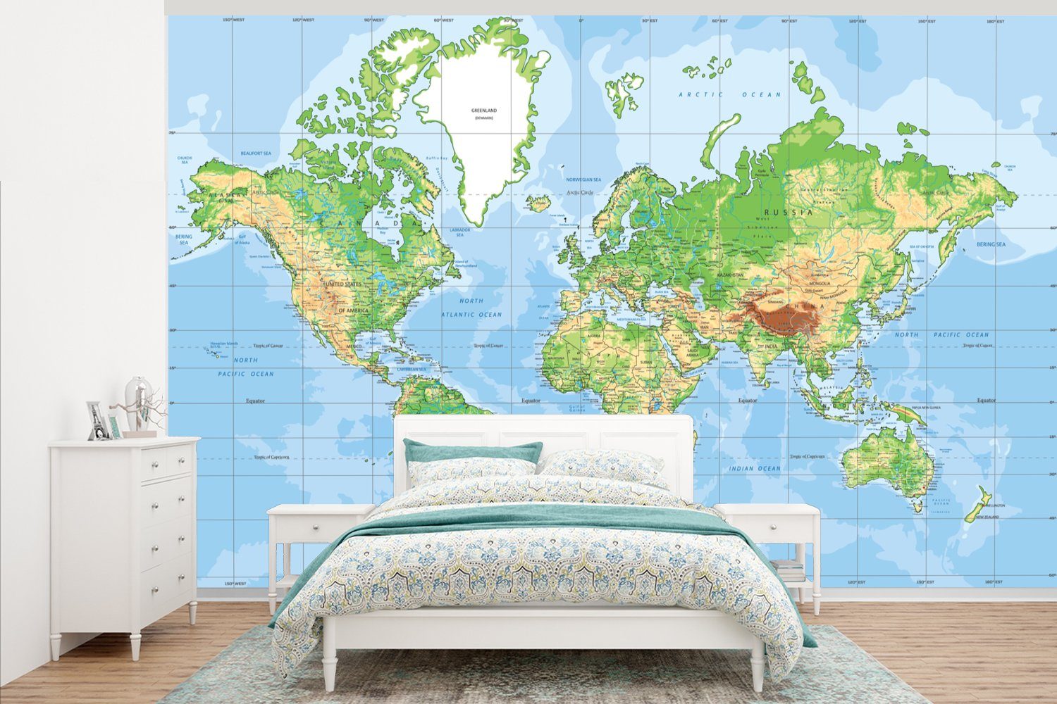 Montagefertig Atlas St), MuchoWow Weltkarte Wandtapete Topographie, (7 Matt, Tapete - Wohnzimmer, - für Fototapete bedruckt, Vinyl