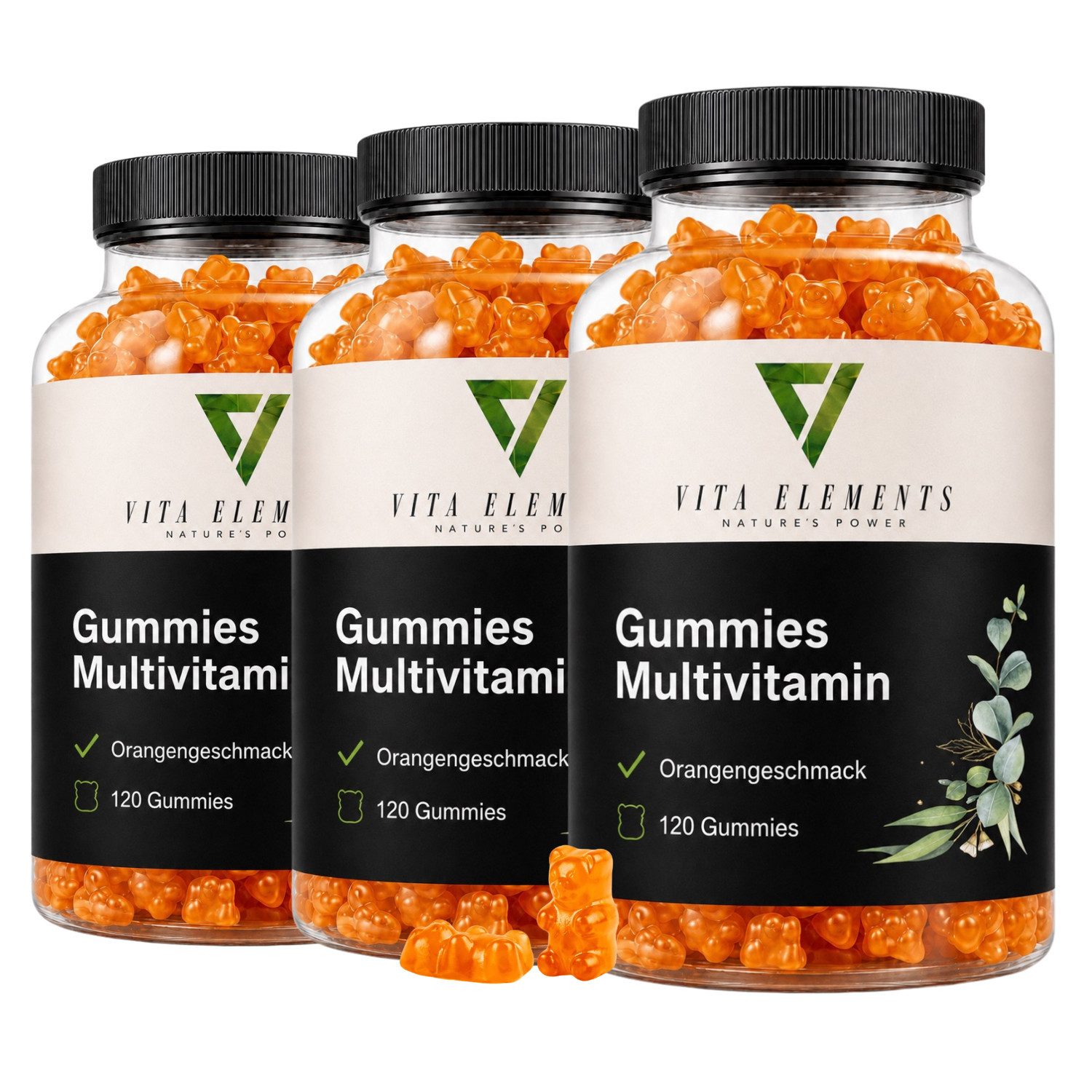 Vita Elements Gummies Multivitamin - 12 Nährstoffe mit Orangengeschmack, 360 Gummibärchen, 3 er Spar-Set à 120 St., Zuckerfrei, Hochdosiert, Ohne unnötige Zusätze, Laborgeprüft