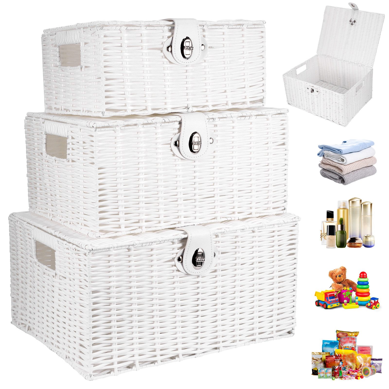 BlingBin Aufbewahrungskorb 3er Set Weiß Aufbewahrungskörbe aus PP-Rattan, mit Deckel & Schloss (3er-Set, 3 St., Größe L: ca. 36x28,5x18,5 cm, M: ca. 33x24x15 cm, S: ca. 28x20x12,5 cm), Stapelbarer Ordnungsboxen für Geschenk, Kleidung, Toilettenartikel
