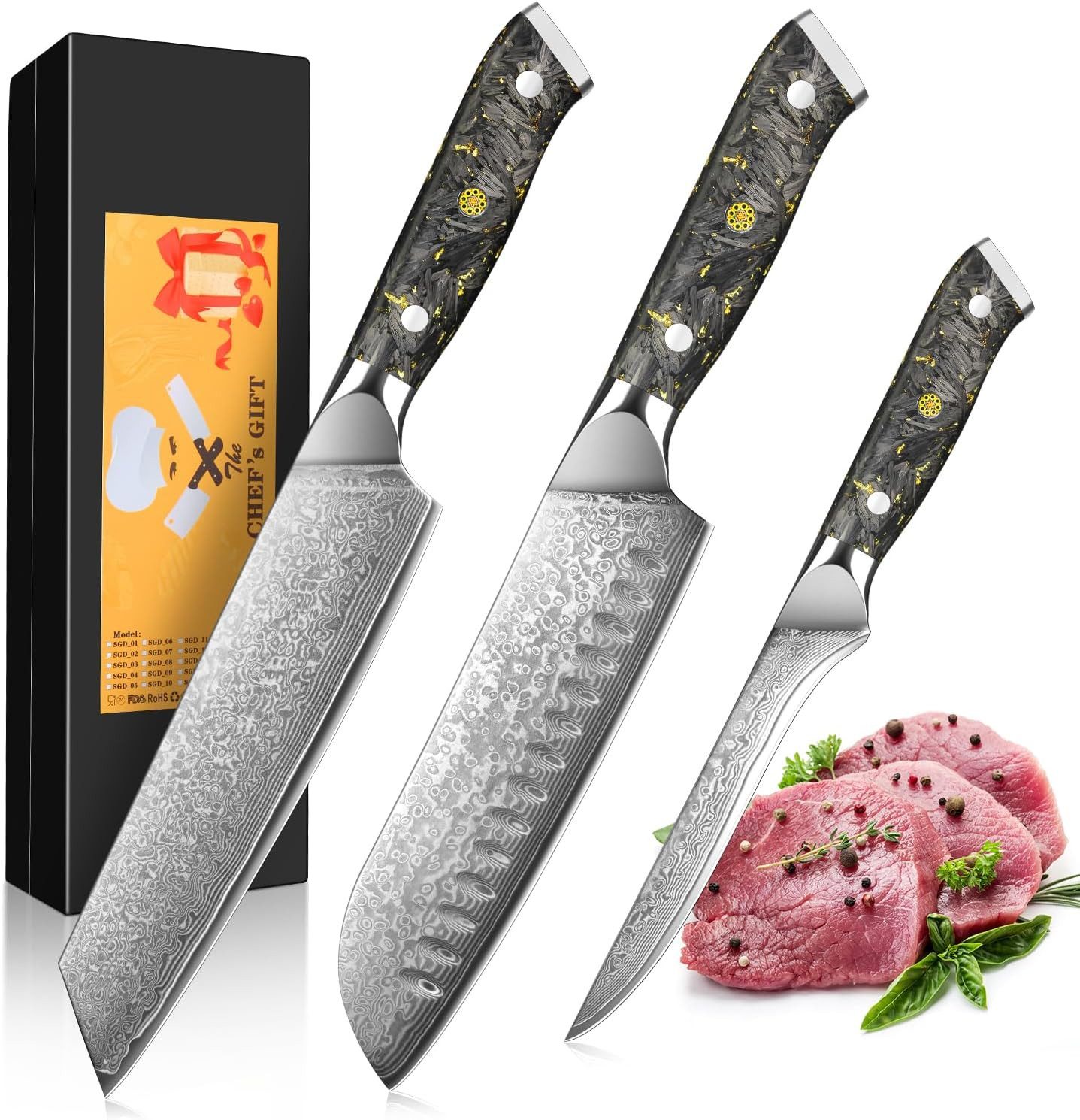 UniqueFire Messer-Set 3Stk. Damast Küchenmesser Set Kiritsuke, Santoku, Filetiermesser (3-tlg)