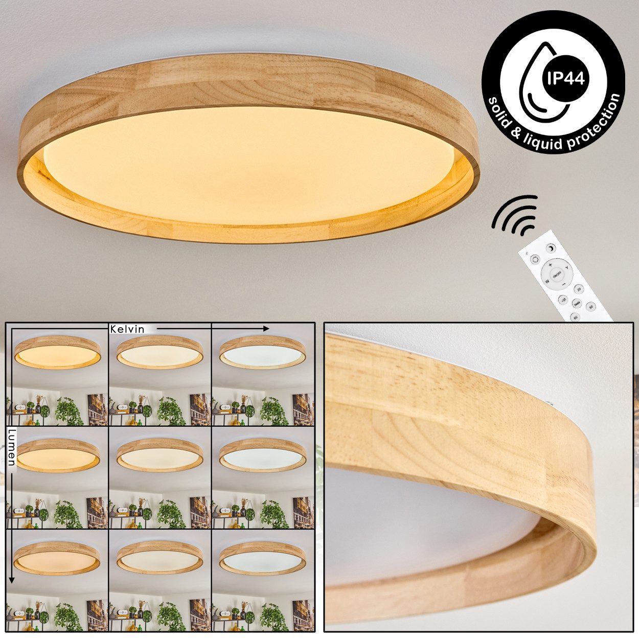 hofstein Deckenleuchte dimmbare Deckenleuchte aus Holz/Metall/Kunststoff in Natur/Weiß, LED wechselbar, 2700-6500 Kelvin, dimmbar über Fernbedienung, (50 cm), auch für Badezimmer, IP44