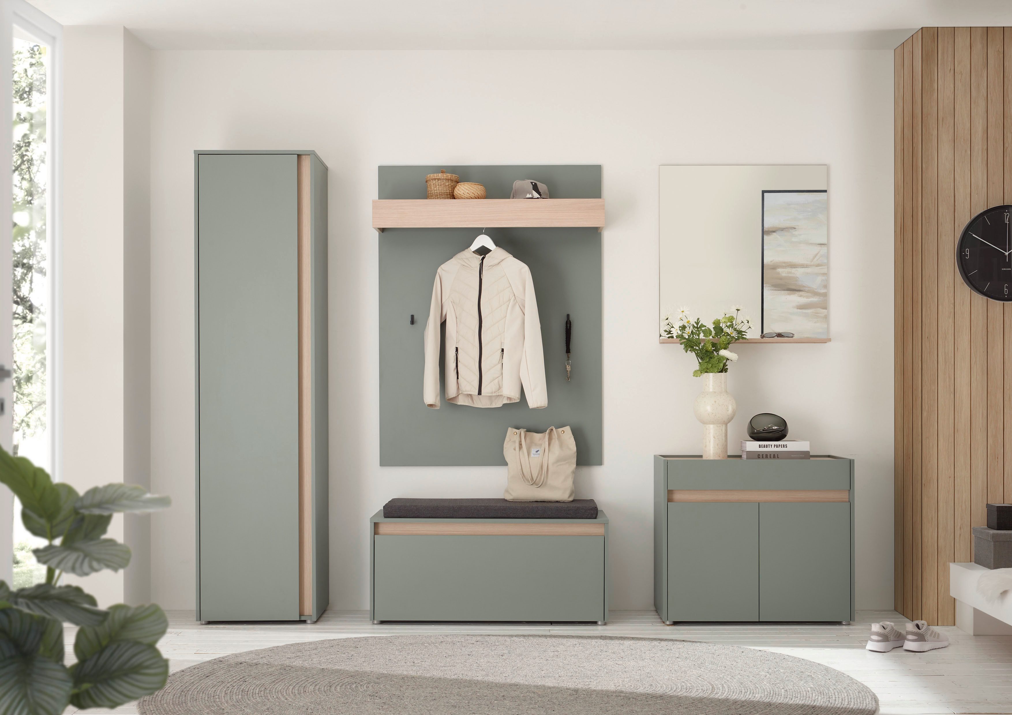INOSIGN Шкафы-Set GIRON/CiTY, moderne Garderobe, Komplettset mit viel Stauraum, (Komplett-Set, 5-St), enthält Schrank, Kommode, Spiegel, Paneel & Schuhbank +Sitzkissen