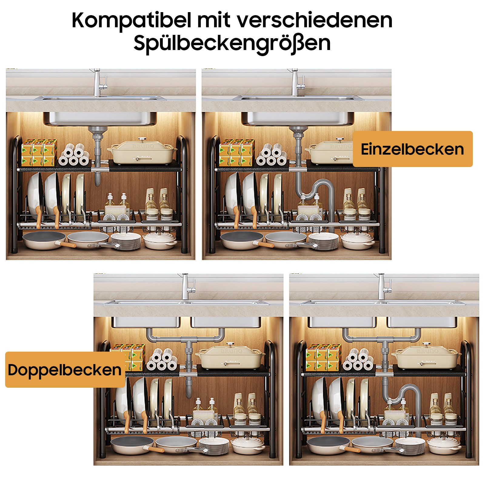 AIMAX Ablageregal Waschbecken Regal, Küchenregal, Spülschrankregal Organizer, Multifunktionales Spülschrankregal, Gewürzregal, Unterschrankregal
