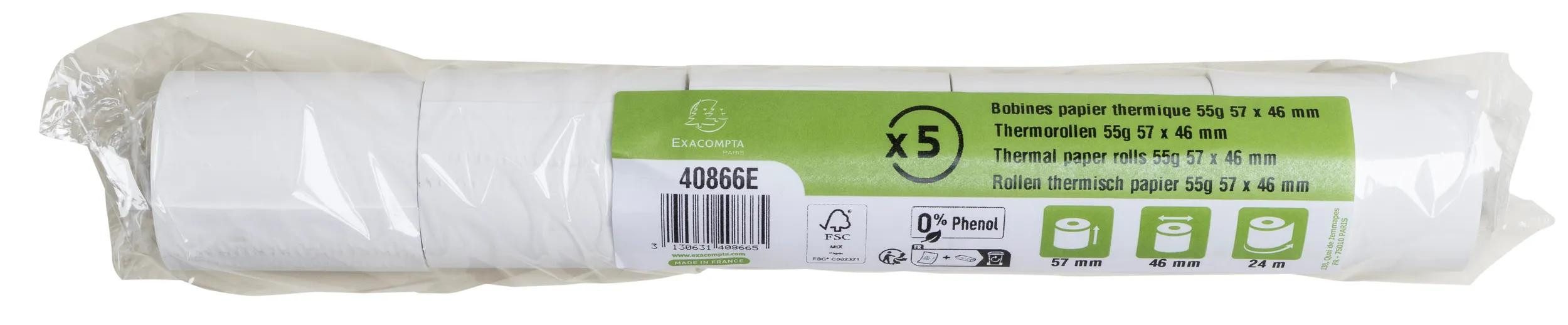 EXACOMPTA Endlospapier 50x Thermorolle EC, 57mm x 24m, 1-lagig, 55g, phenolfrei - Weiß 40866E, Kassenrollen