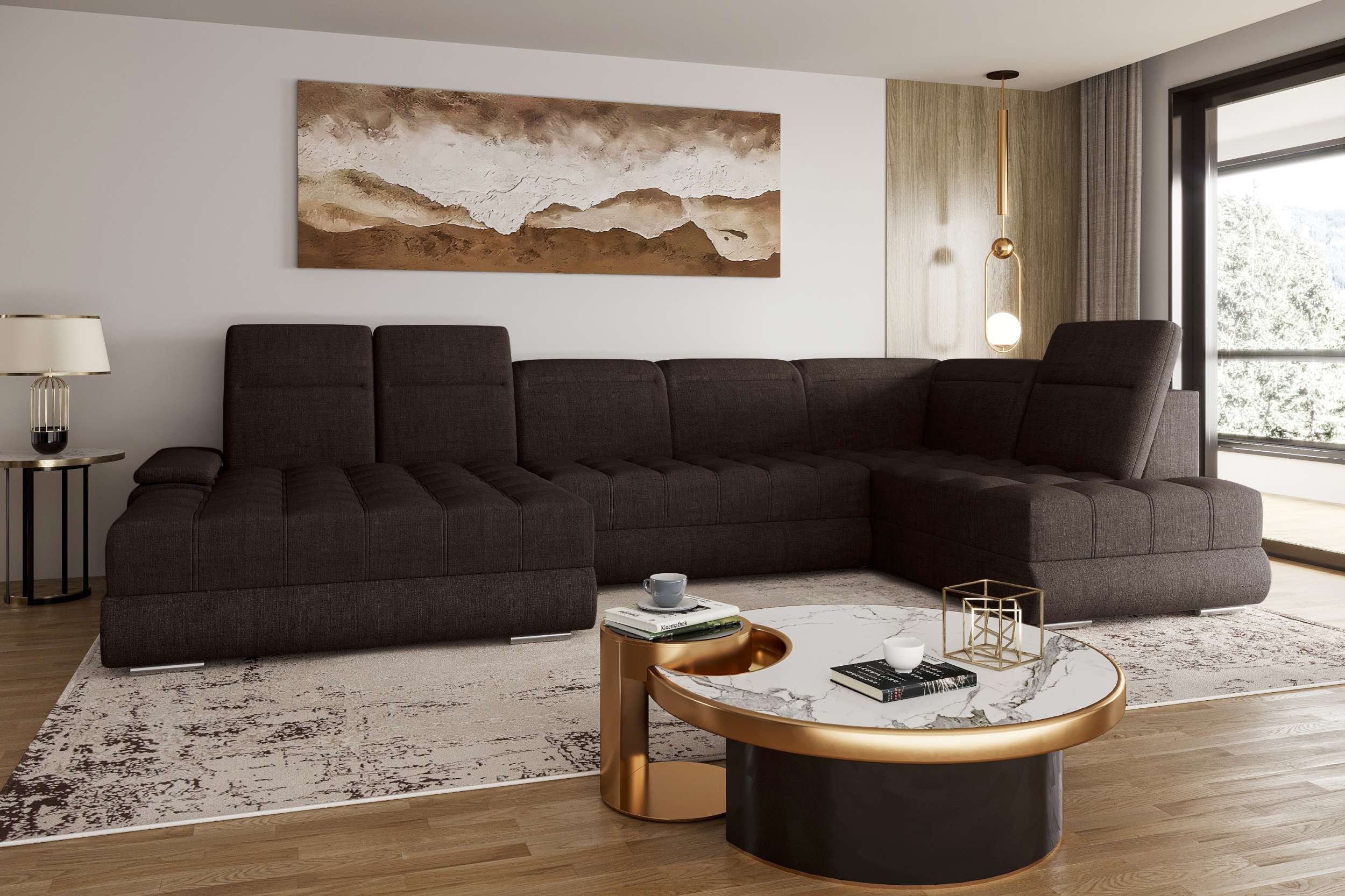 99rooms Wohnlandschaft Toscana, Sofa, U-Form, Bettfunktion, Rundumbezug aus gepolstertem Velours VOGUE