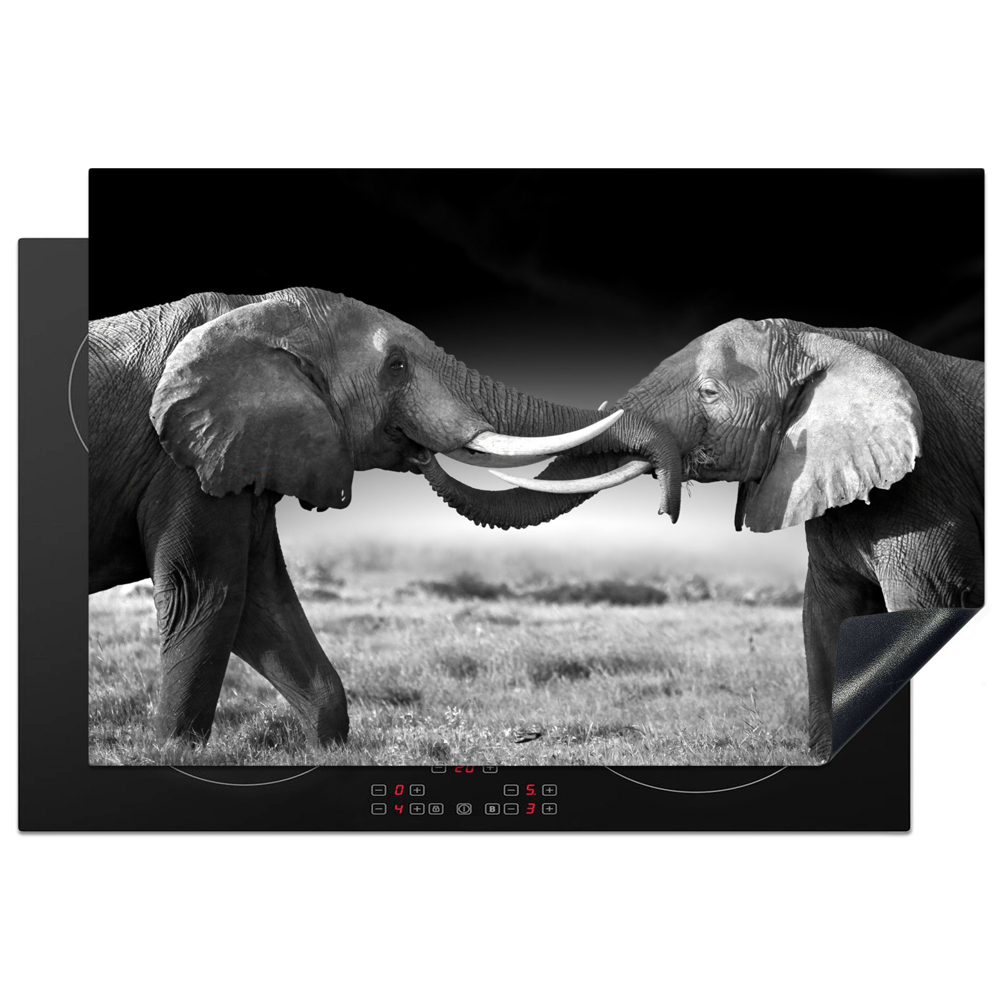 MuchoWow Herdblende-/Abdeckplatte - Porträt Schwarz - 77x51 küche Elefant cm, - Arbeitsplatte für Landschaft, (1 tlg), und Tiere Vinyl, weiß Ceranfeldabdeckung, 
