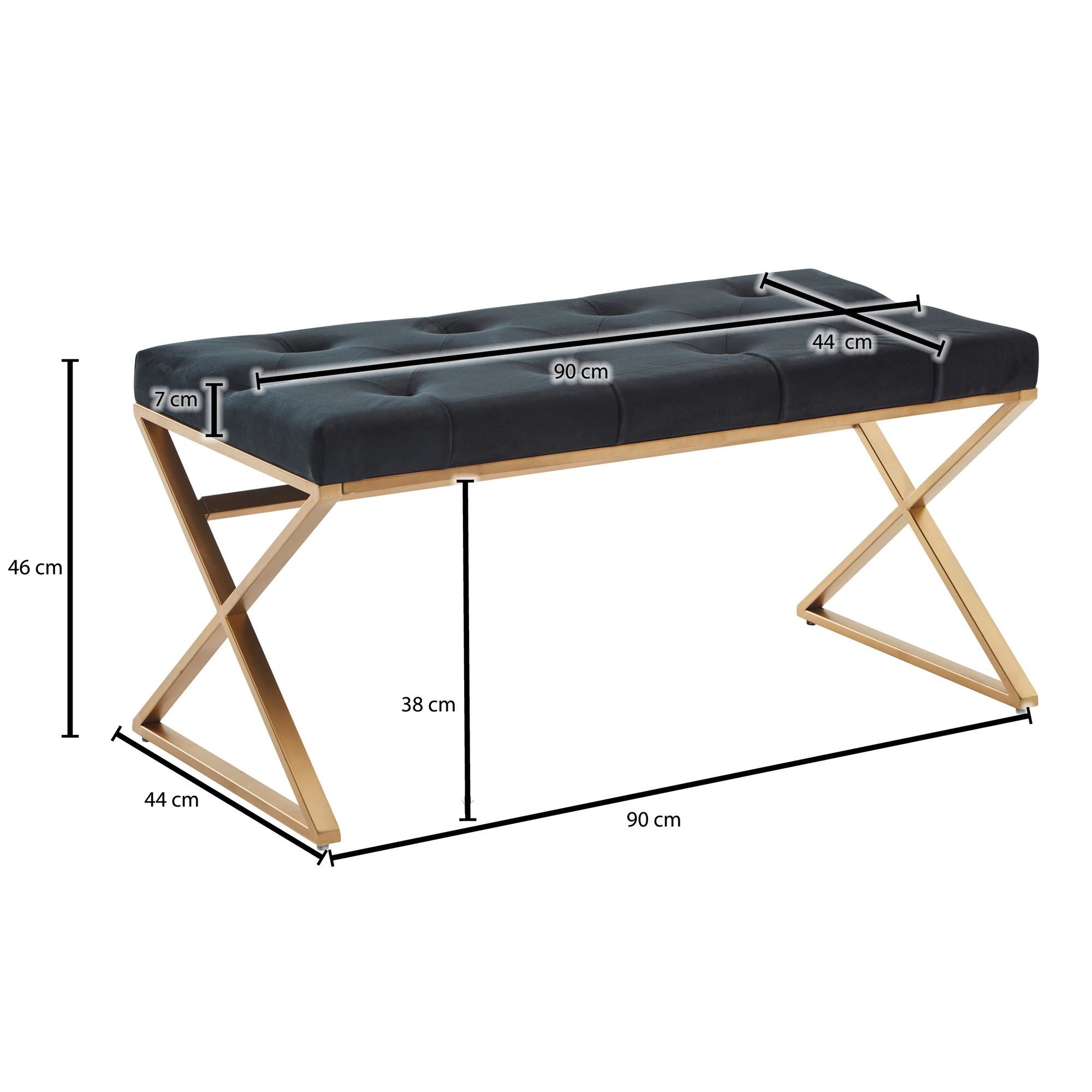 FINEBUY Polsterbank FB82216 Sitzbank Schwarz 90 cm Bettbank Chesterfield Flurbank Samt (Garderobenbank Chesterfield, Bettbank Schlafzimmer), Flur Polsterbank, Samt Schwarz / Gold 90x46x44 cm