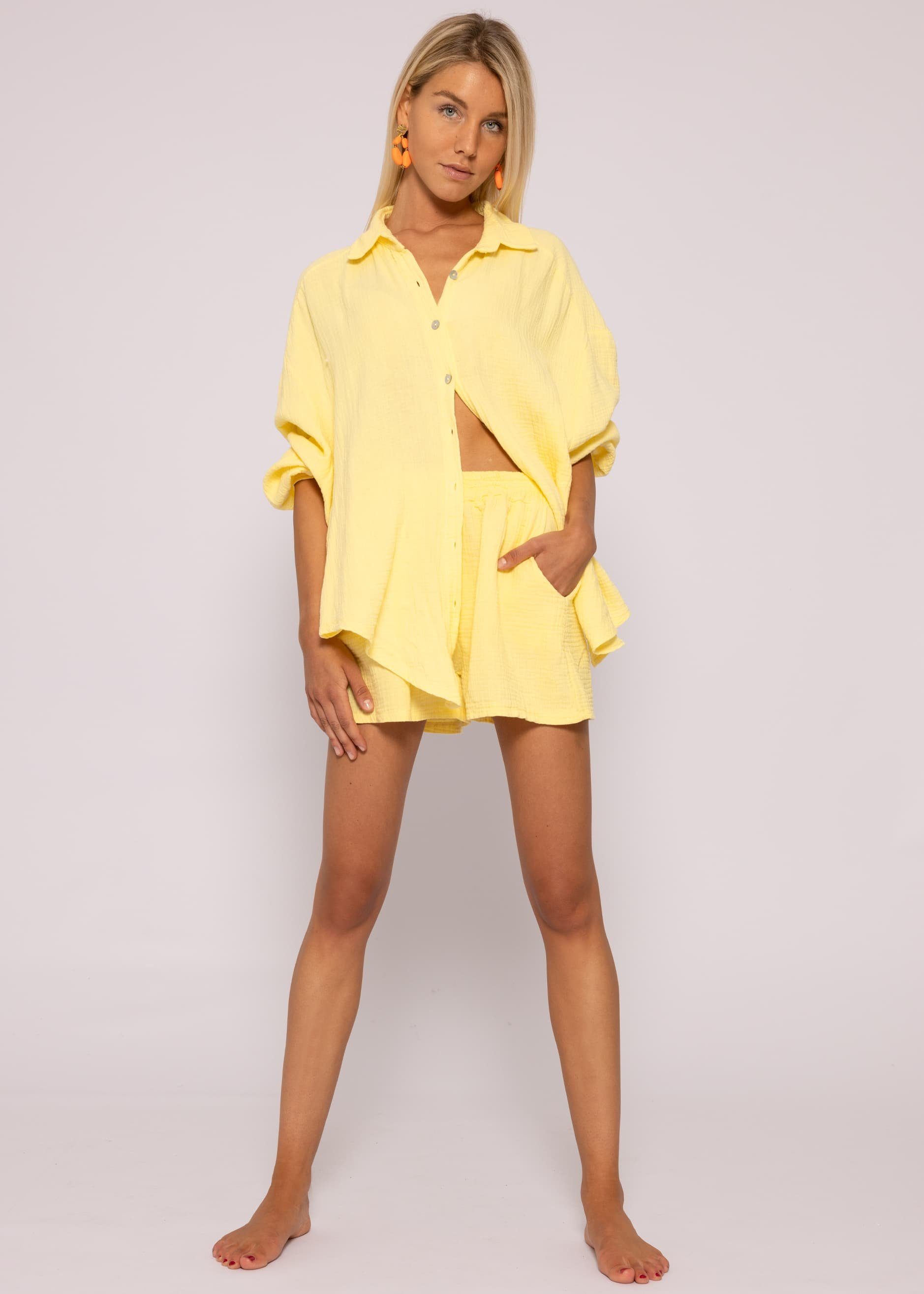 100 in Damen Made Hose Baumwolle Shorts atmungsaktiv, Kurz Gelb SASSYCLASSY (Musselin), % Sommer Musselin sehr Italy leicht,