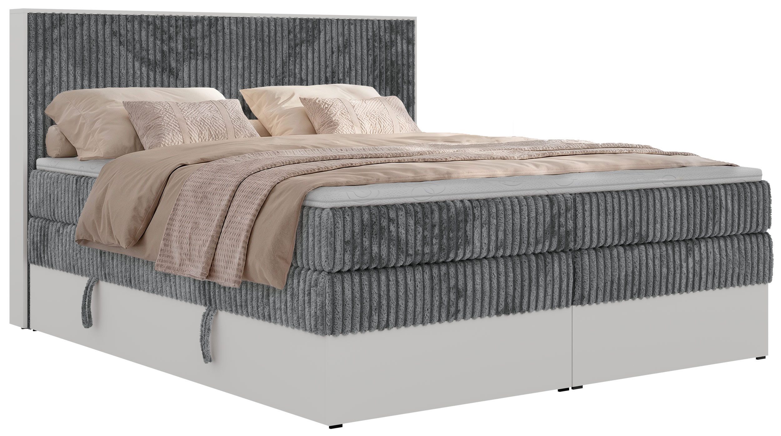 MKS MÖBEL Boxspringbett TRAVIT KING (mit Stauraum, Set, inkl. 2 Multipocket Matratzen und Topper (T25/Visco), Cord-Bezug), weiße Deko-Möbelplattenelementen, H3/H4, 140x200–200x200