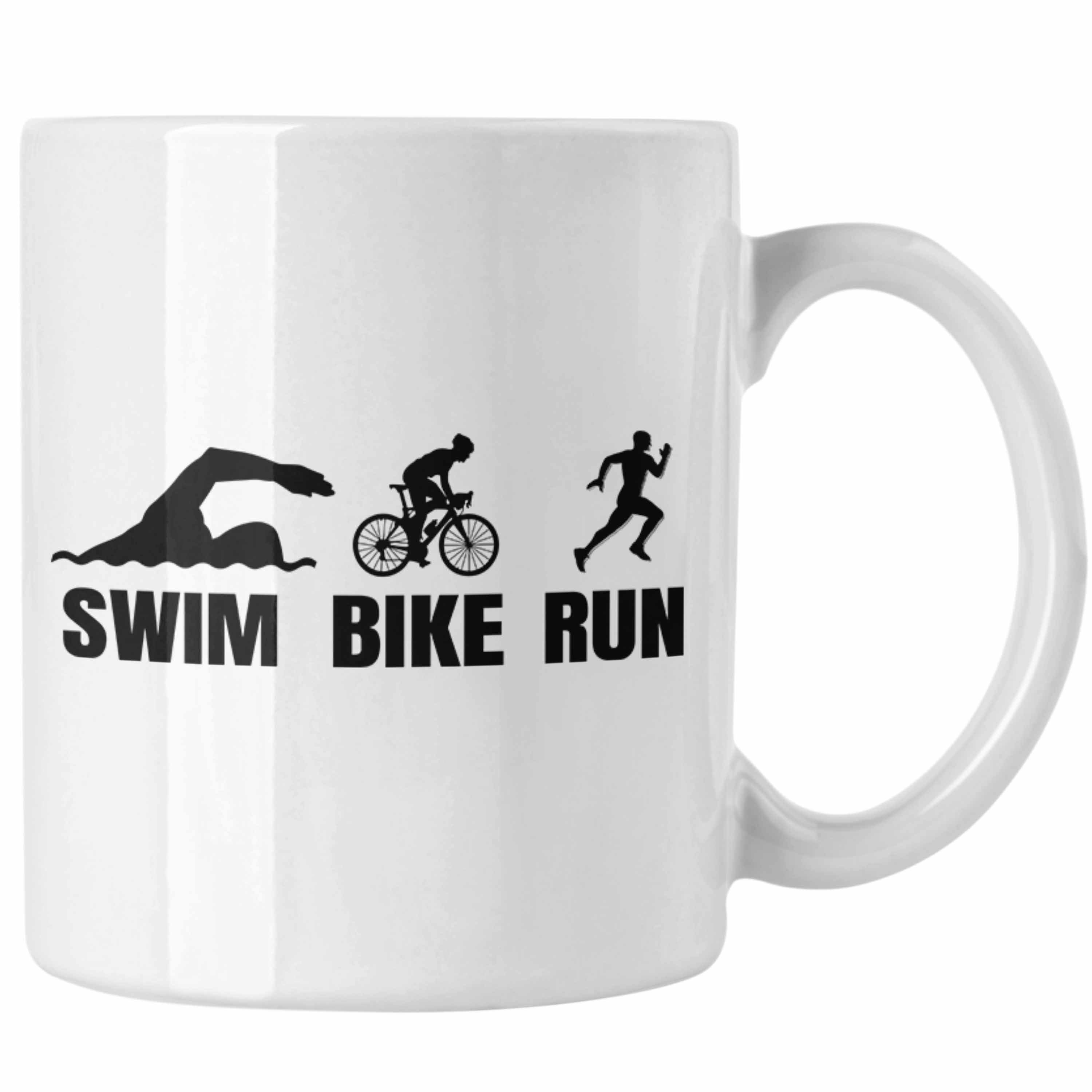 Trendation Tasse Triathlon Tasse Geschenk Spruch für Swim Bike Run Geschenkidee Sportl Weiss