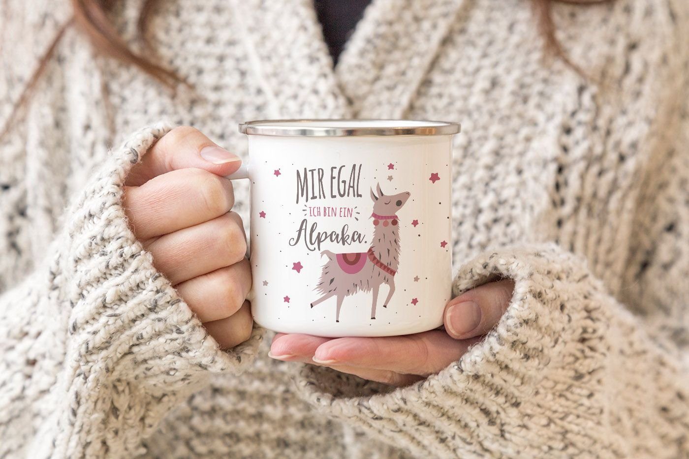 MoonWorks Tasse Emaille Tasse Becher mit Spruch und Motiv Mir egal ich bin ein Alpaka Bürotasse Kaffeetasse MoonWorks®, emailliert und mit Aufdruck